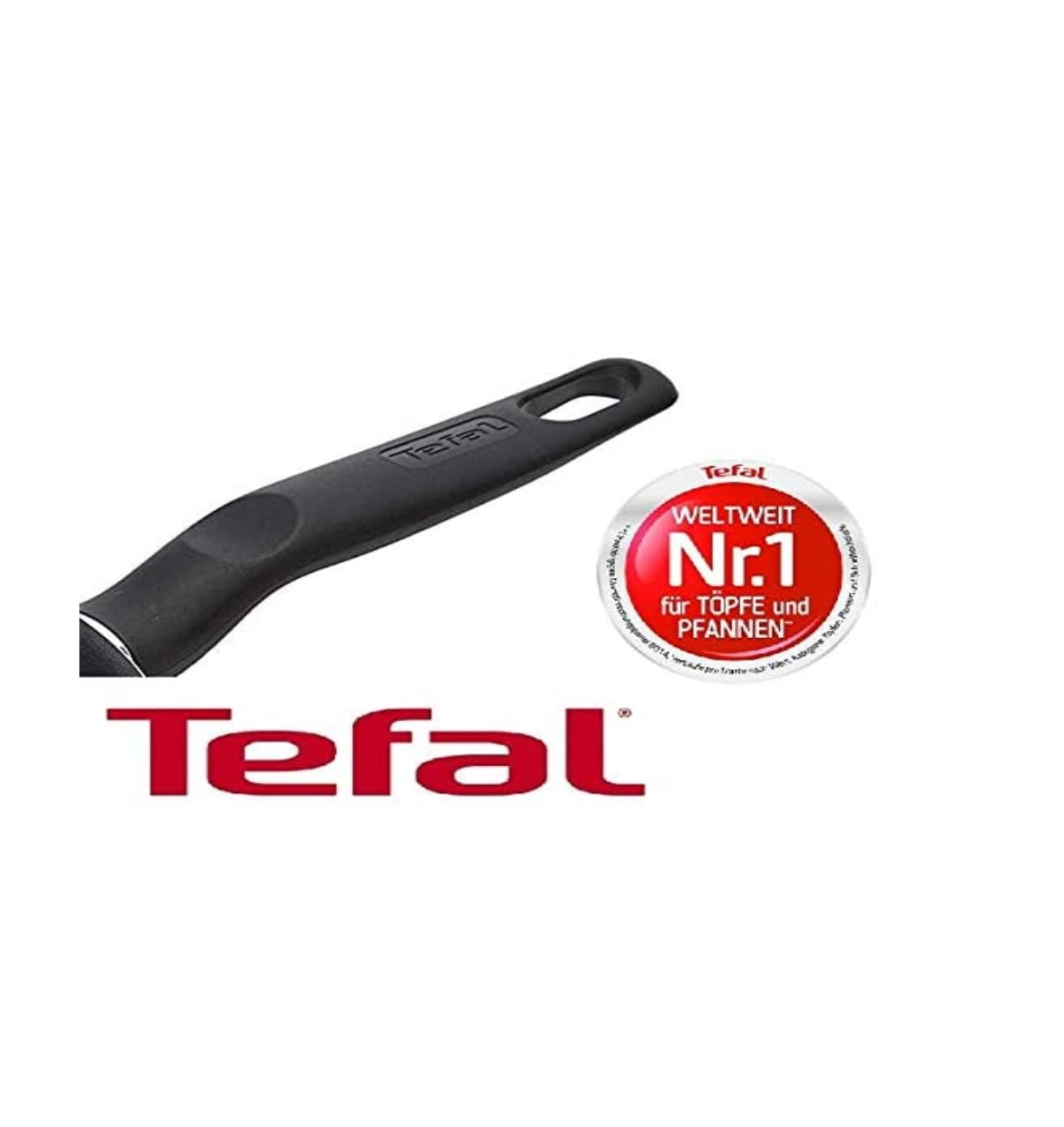 Schwarzer Bratpfannengriff mit Tefal-Logo und einem Abzeichen mit der Aufschrift weltweit Nr. 1 für Pfannen.