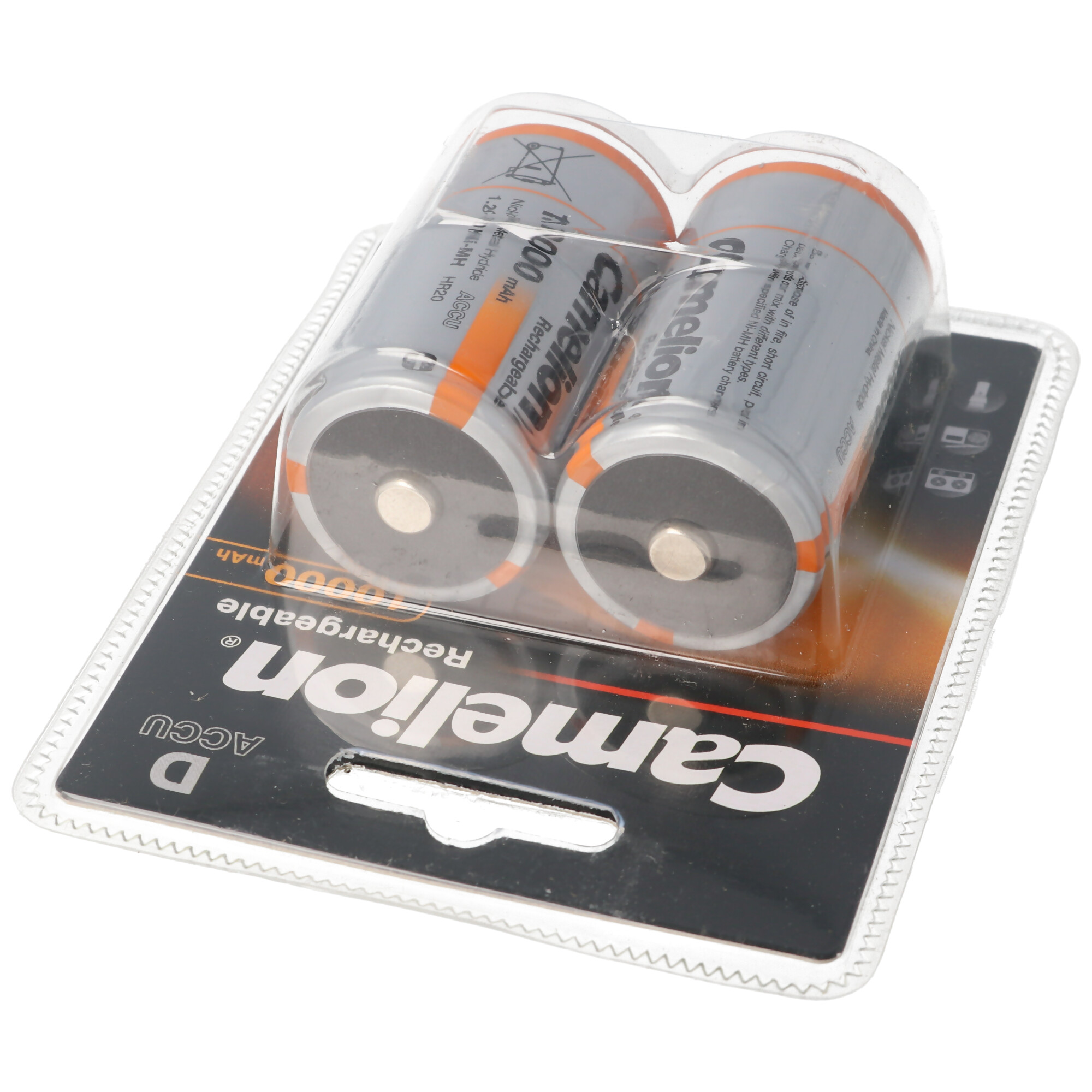 Two rechargeable D batteries in a blister pack. The batteries are gray with orange labels.