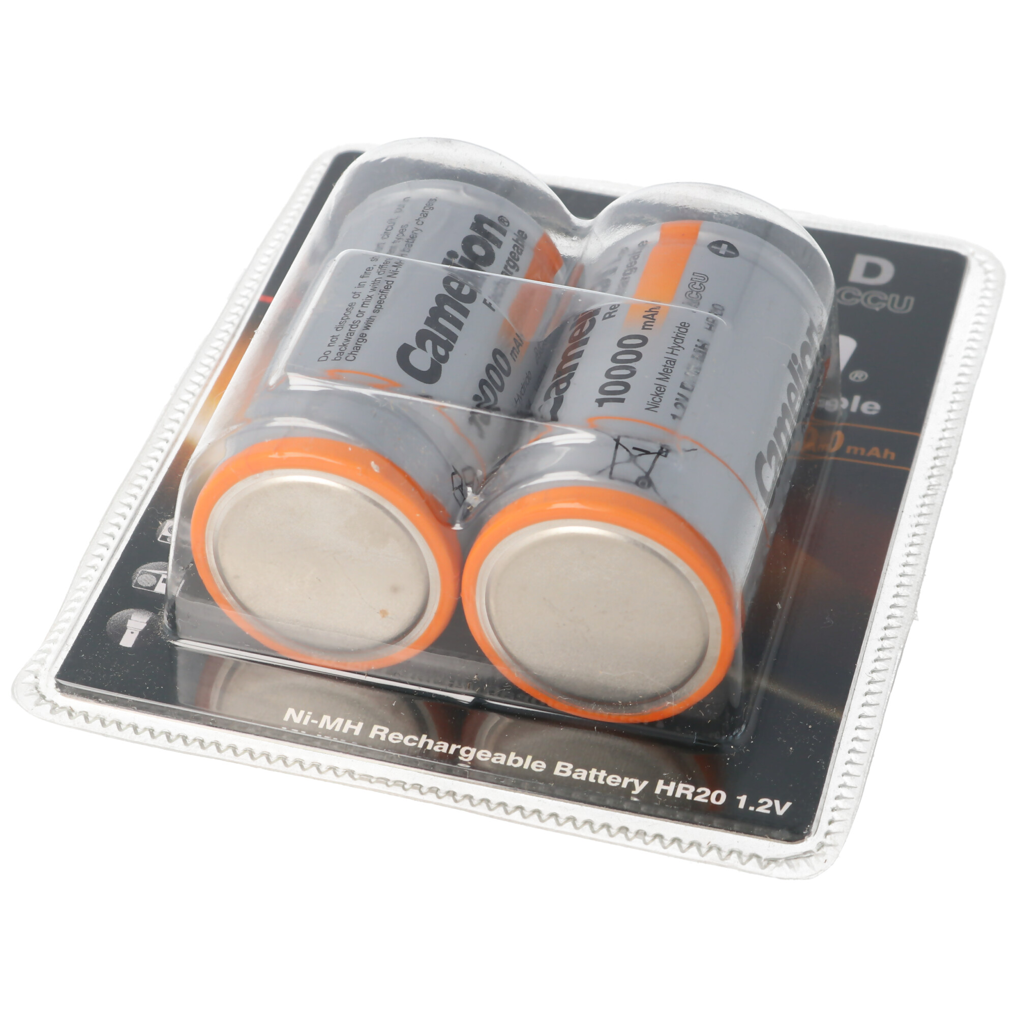 Two cylindrical batteries in a plastic package. The batteries are grey and orange.