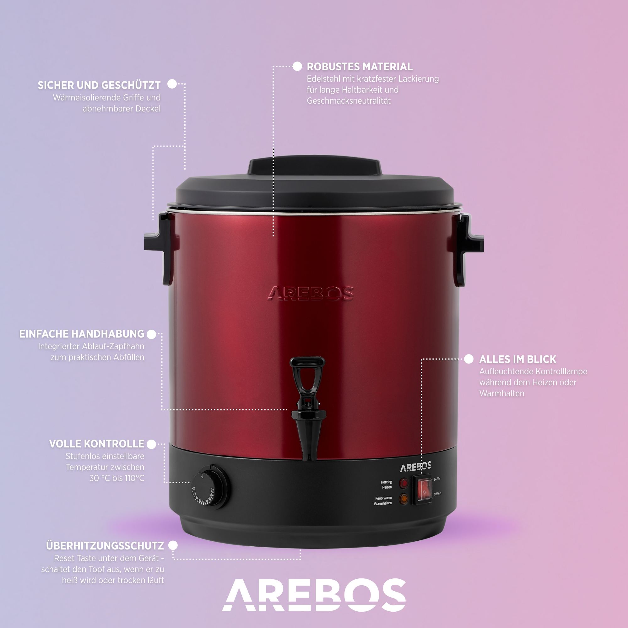 Ein rot-schwarzer Arebos Wasserkocher. Er hat einen Wasserhahn, ein Bedienfeld und einen Deckel.
