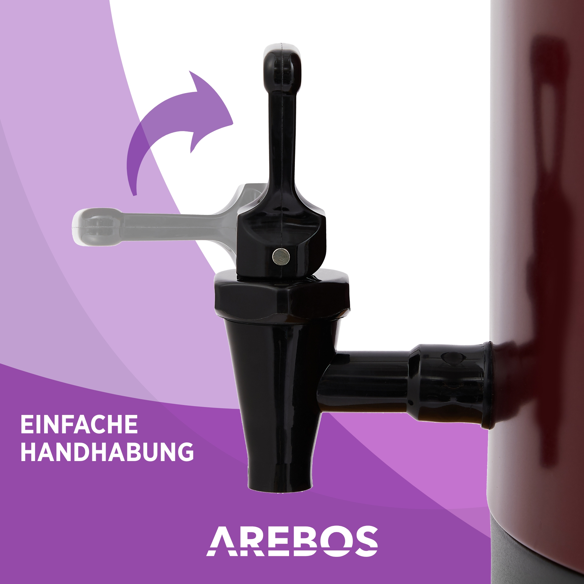 Ein schwarzer Wasserhahn auf einem weinroten Behälter mit einem Pfeil, der die Bewegung zeigt.