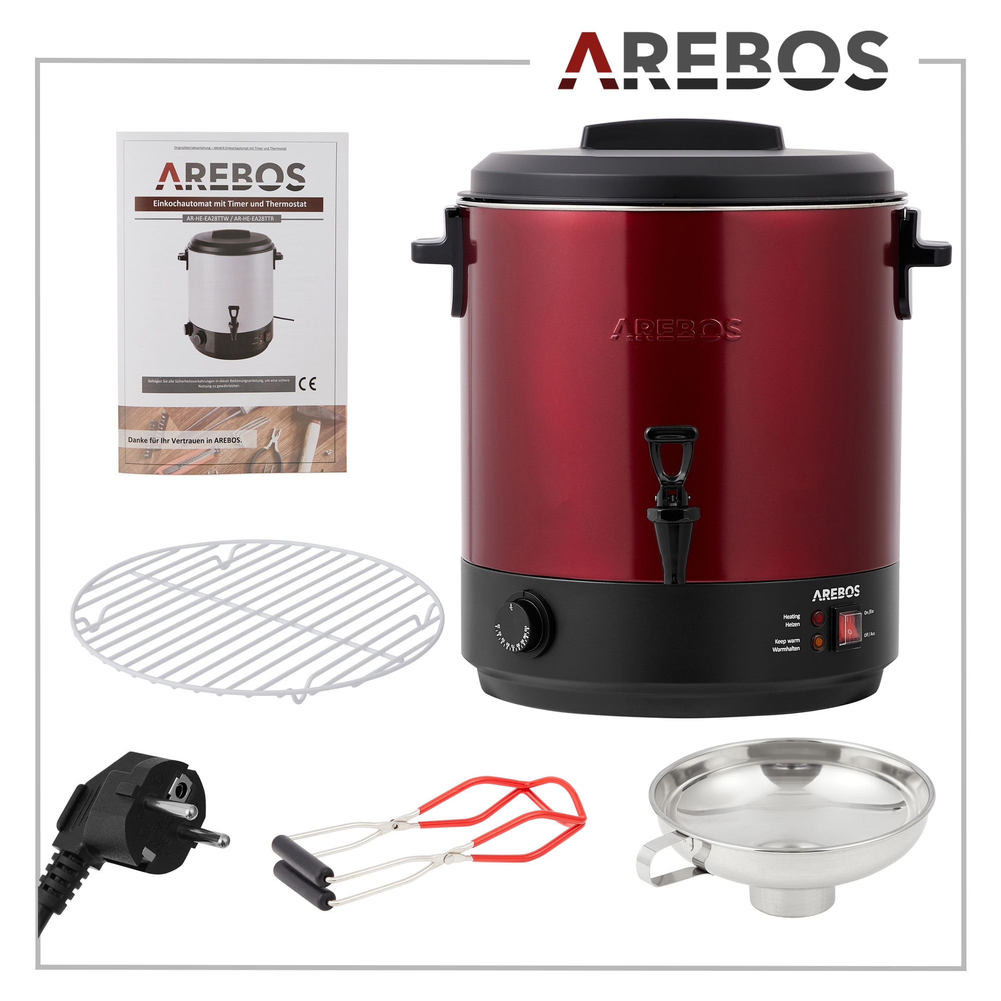 Ein roter AREBOS Wasserkocher mit Zubehör, einschließlich Gestell und Trichter.
