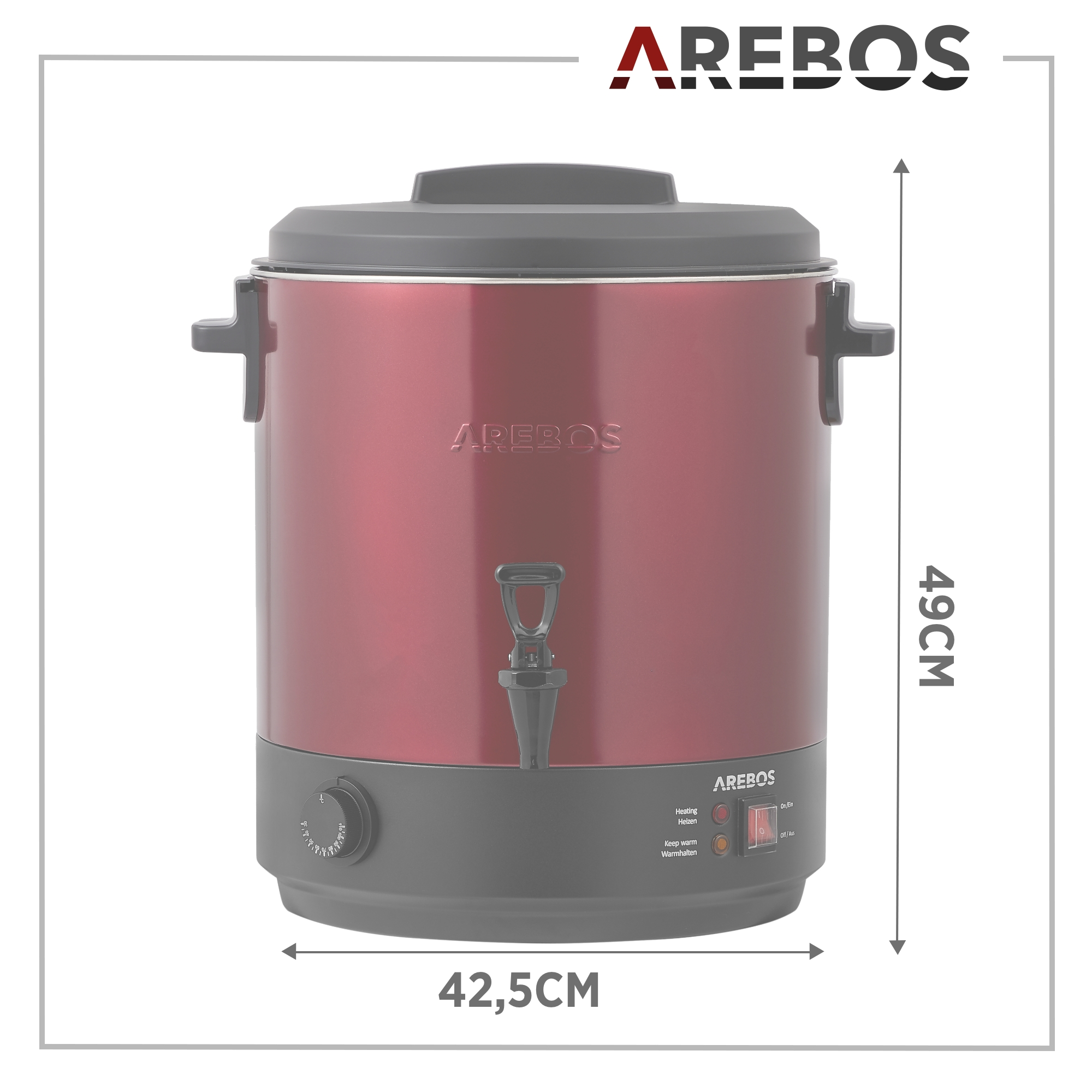 Roter Arebos Wasserkocher mit Griffen und einem Wasserhahn. Grauer Sockel.