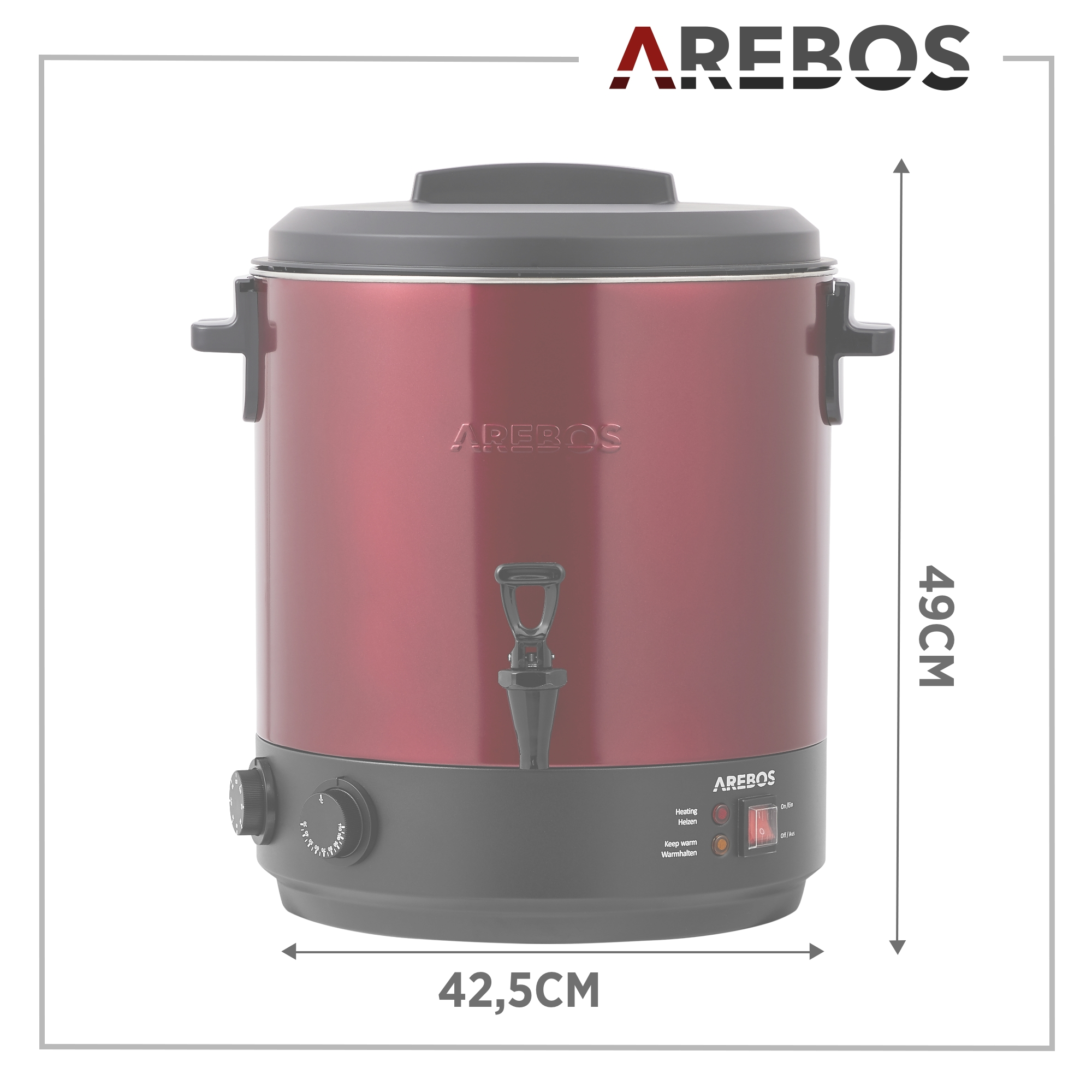 Roter und grauer Wasserkocher mit Maßangaben in cm und AREBOS Logo.