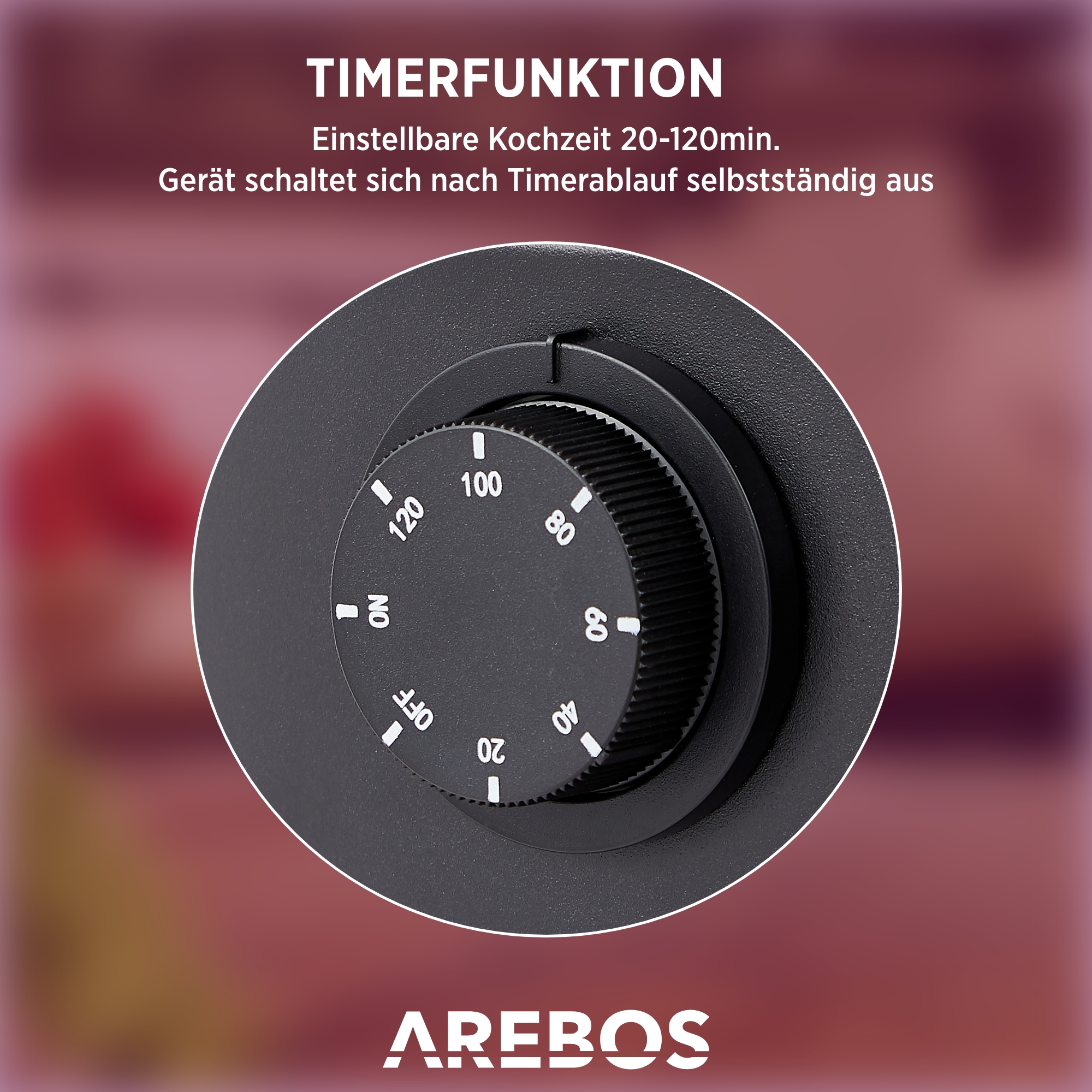 Schwarzer Timer-Drehknopf mit Zahlen, weißem Text und AREBOS-Logo.