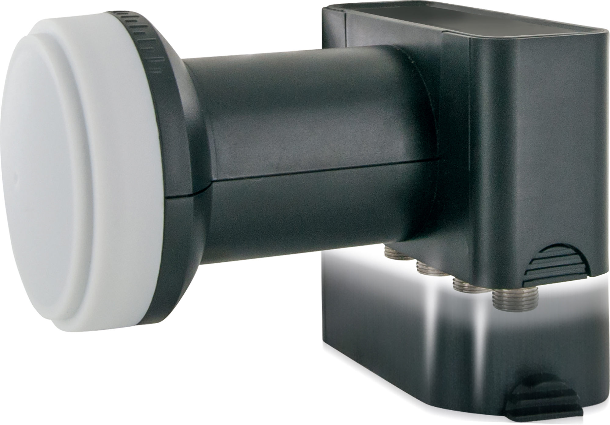 Zbliżenie czarnego odbiornika satelitarnego z białym końcem i wieloma portami połączeniowymi.