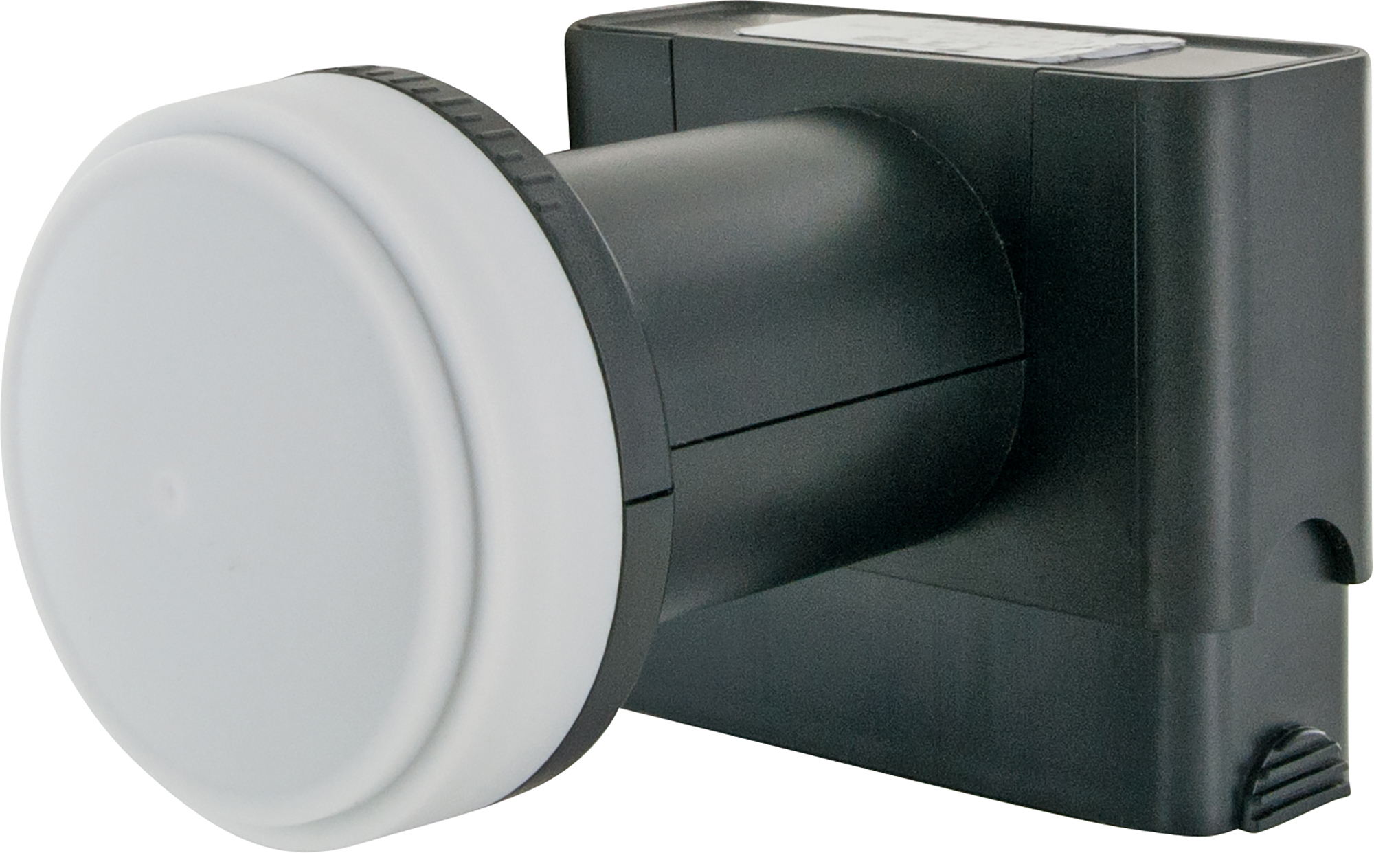 Czarne urządzenie LNB z białą nasadką na białym tle, widok z boku.