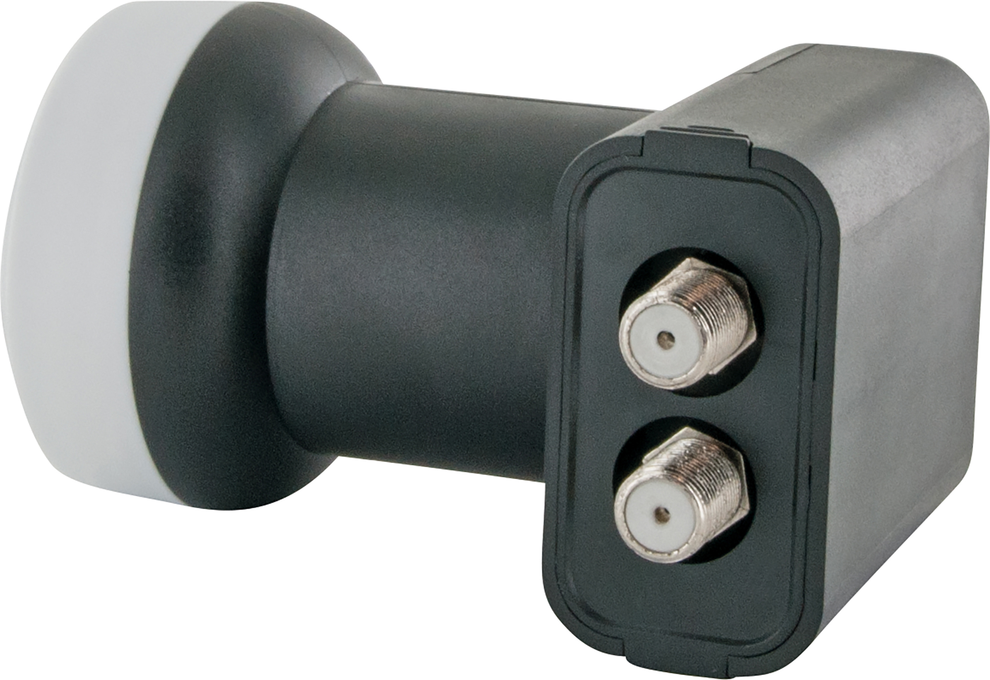 Ein schwarzes und graues Satelliten-LNB mit zwei Anschlüssen.