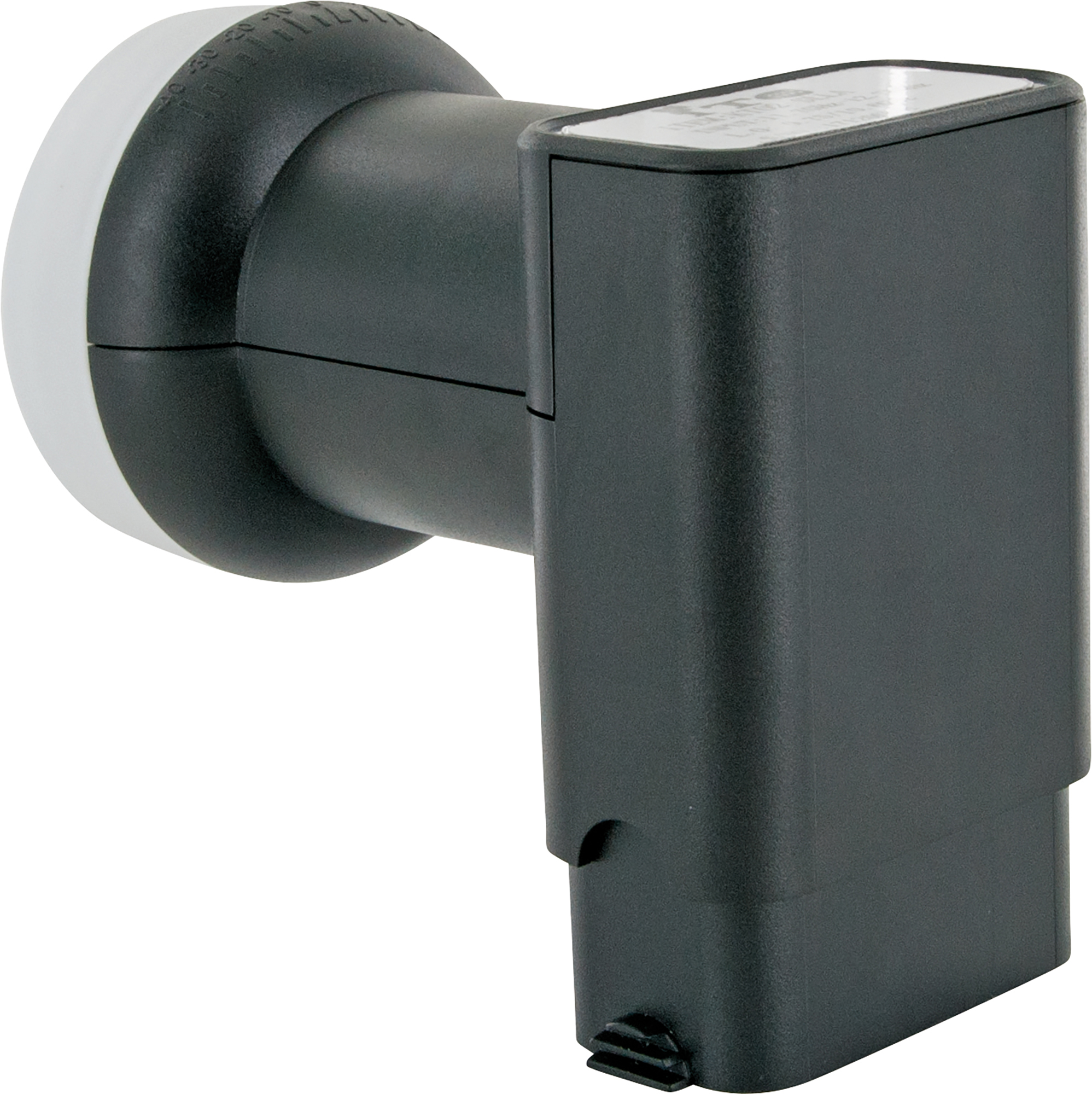 Czarny LNB (Low Noise Block) z białym okrągłym końcem i czarną prostokątną częścią.