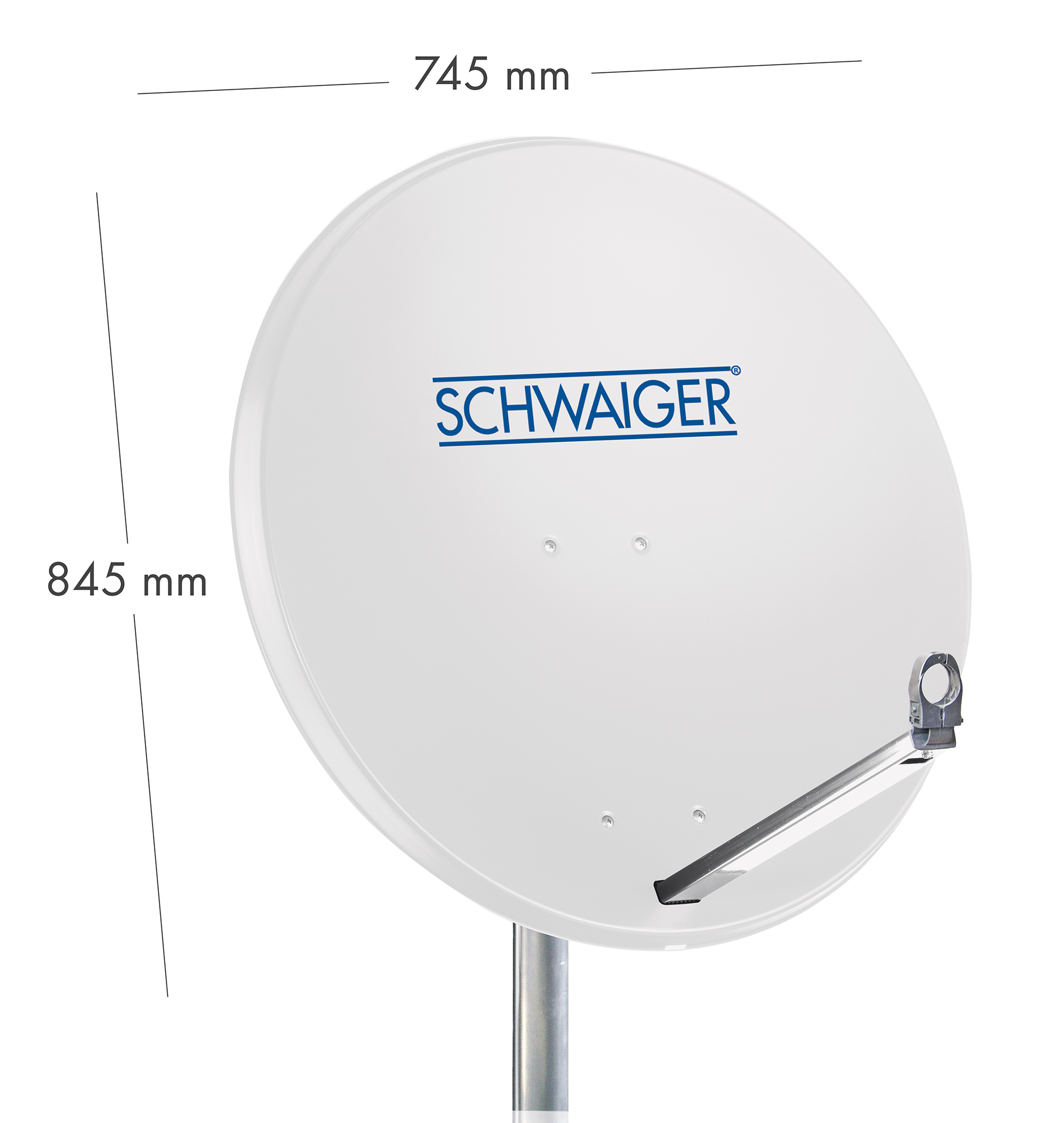 Weiße Satellitenschüssel mit dem Wort 'SCHWAIGER' in Blau, mit den Maßen 745 mm und 845 mm.
