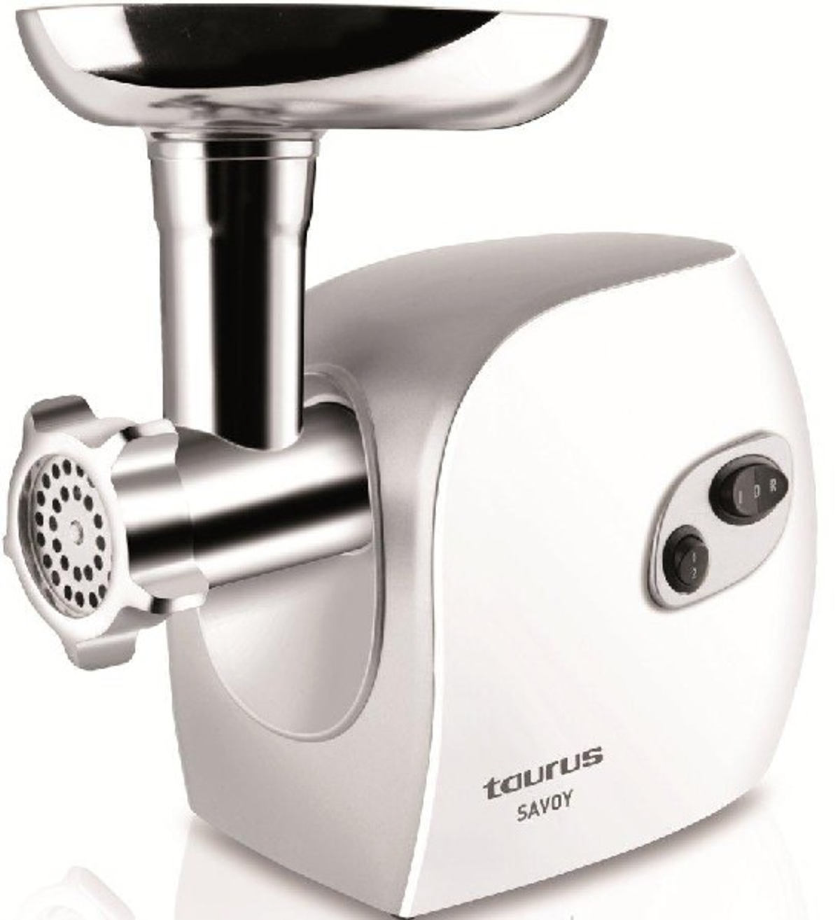 Biała i srebrna maszynka do mielenia mięsa ze srebrną tacą podającą i czarnym przyciskiem zasilania.