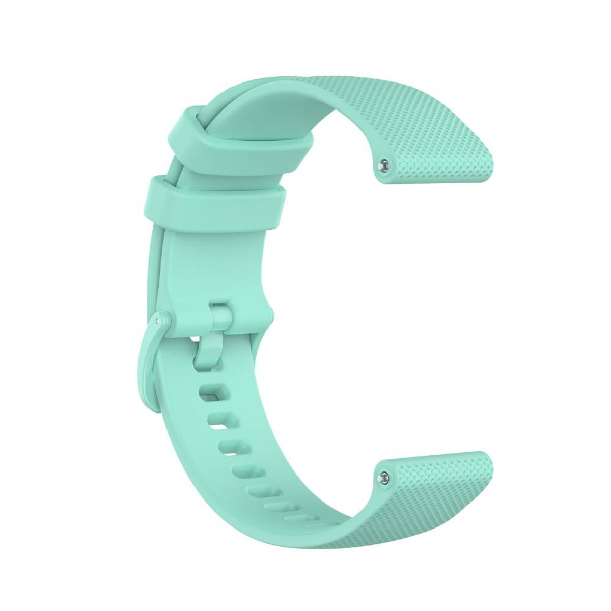 Ein hell türkisfarbenes Uhrenarmband. Es hat Löcher zur Einstellung und eine Schnalle.