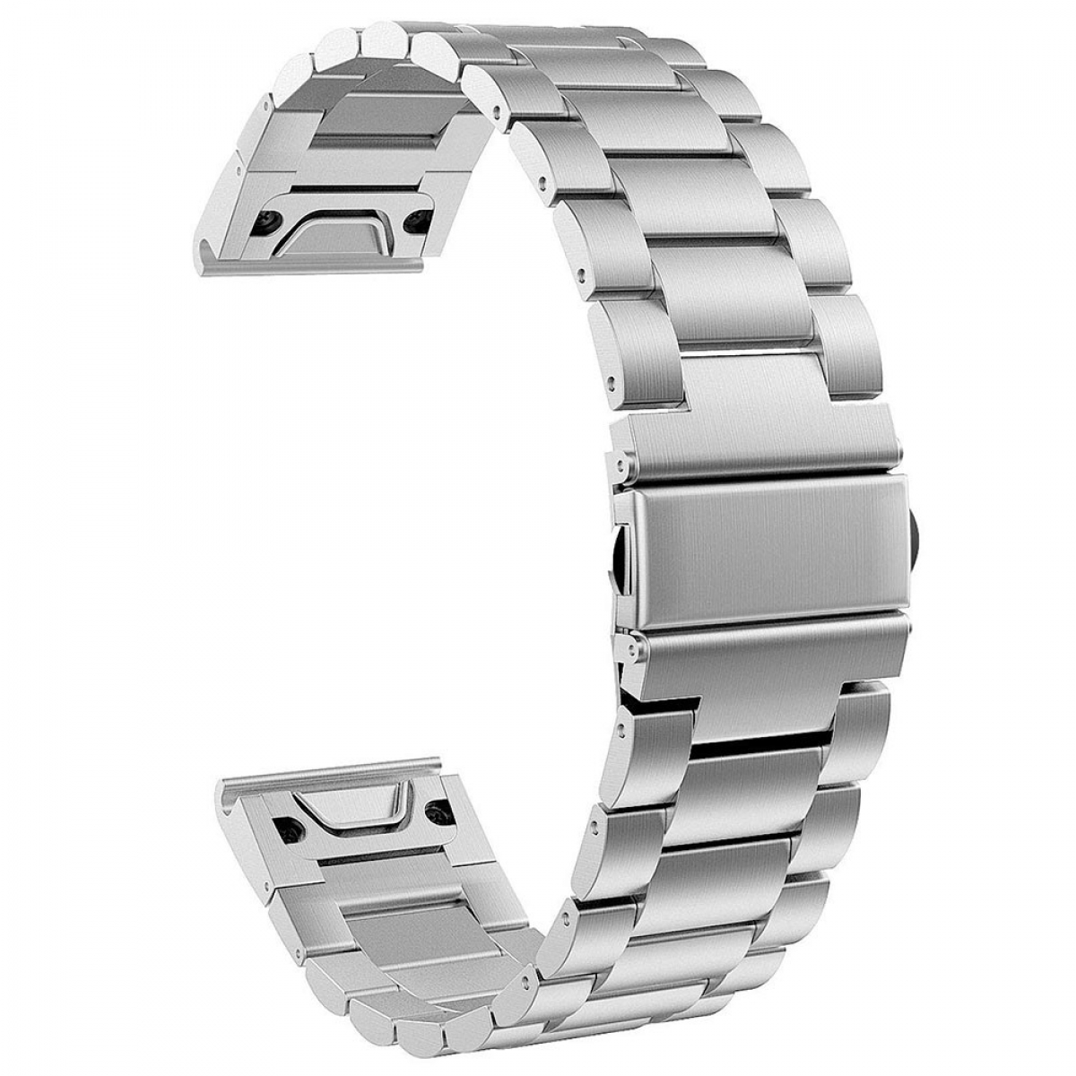 Silbernes Uhrenarmband. Edelstahlglieder mit Verschluss. Weißer Hintergrund.