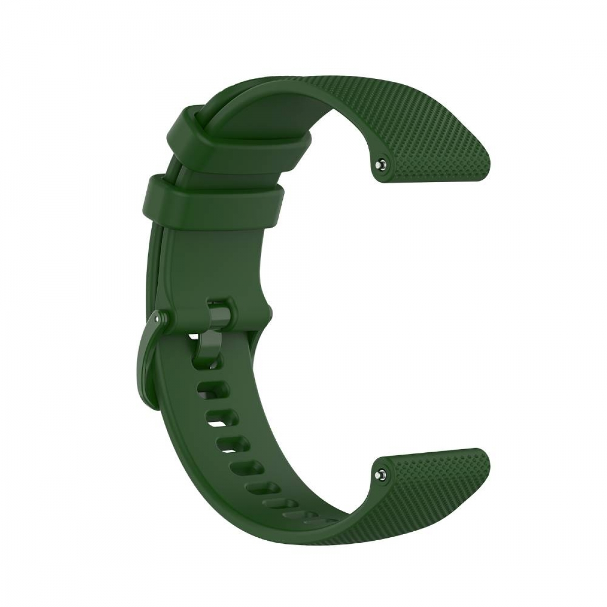 Ein grünes Uhrenarmband, gebogen. Es ist ein einzelnes Stück mit einer Schnalle.