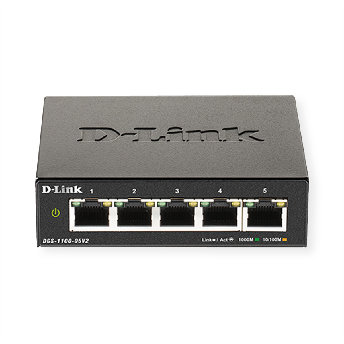 Uno switch di rete D-Link nero. Ha 5 porte, un pulsante di accensione e il logo D-Link.