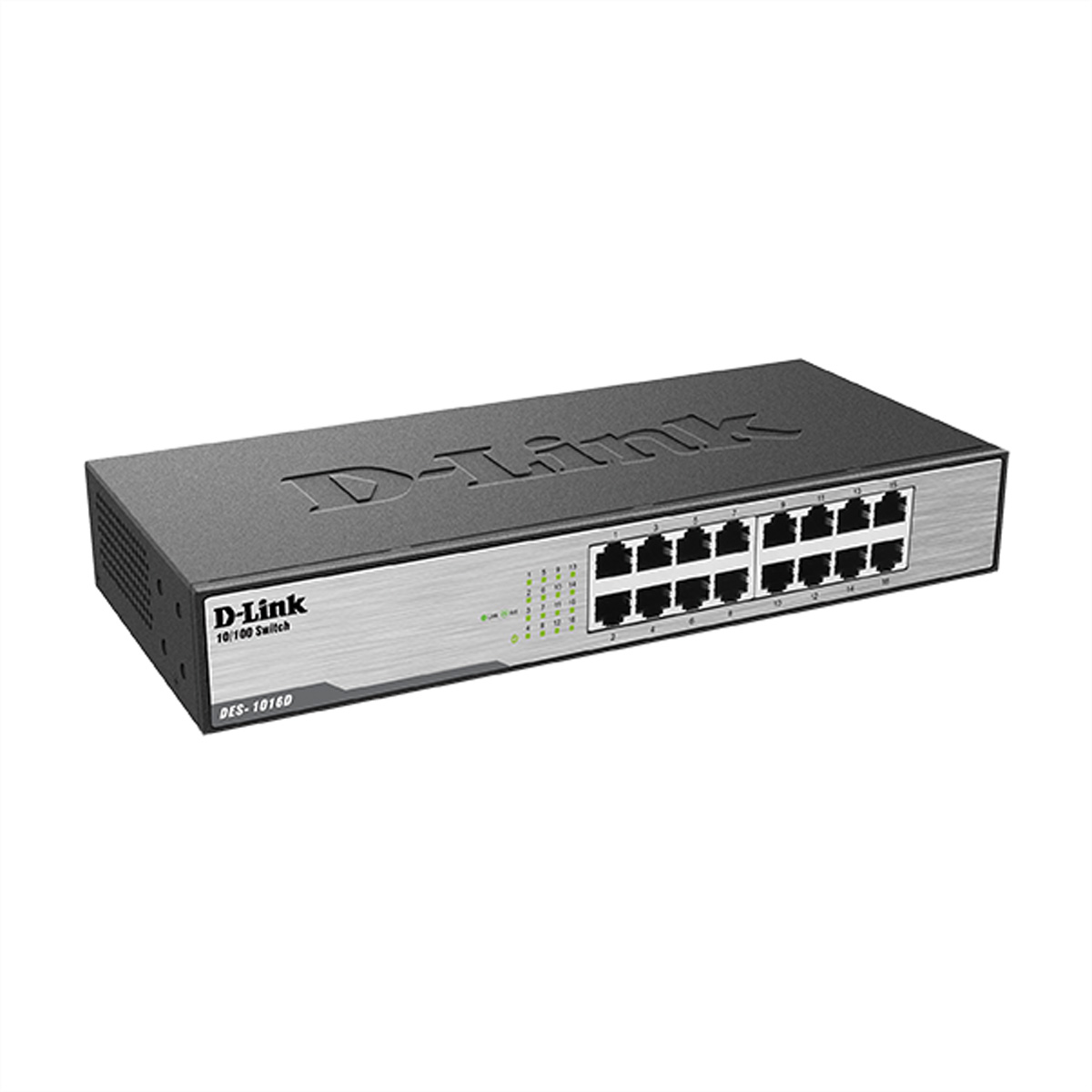D-Link DES-1016D switch. Zwart en zilver, met veel poorten en lampjes.