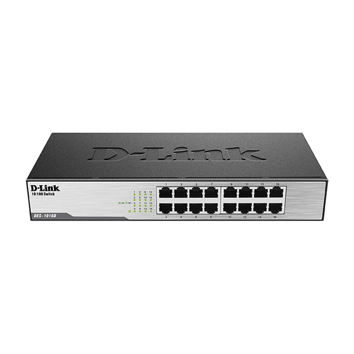 Zwarte D-Link 10/100 switch met 16 poorten. Het modelnummer is DES-1016D.