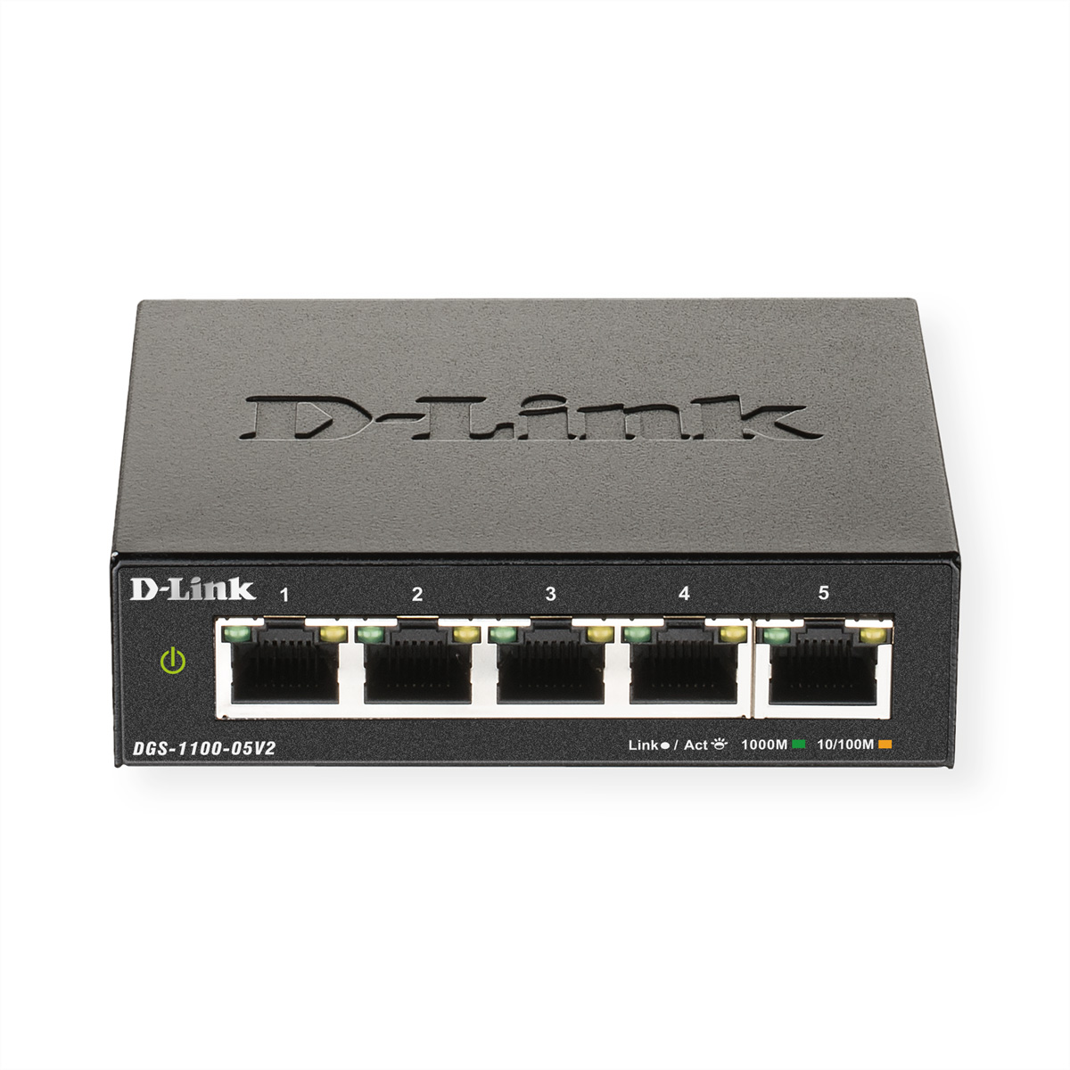 Switch di rete D-Link nero. Ha 5 porte e spie di alimentazione e attività.