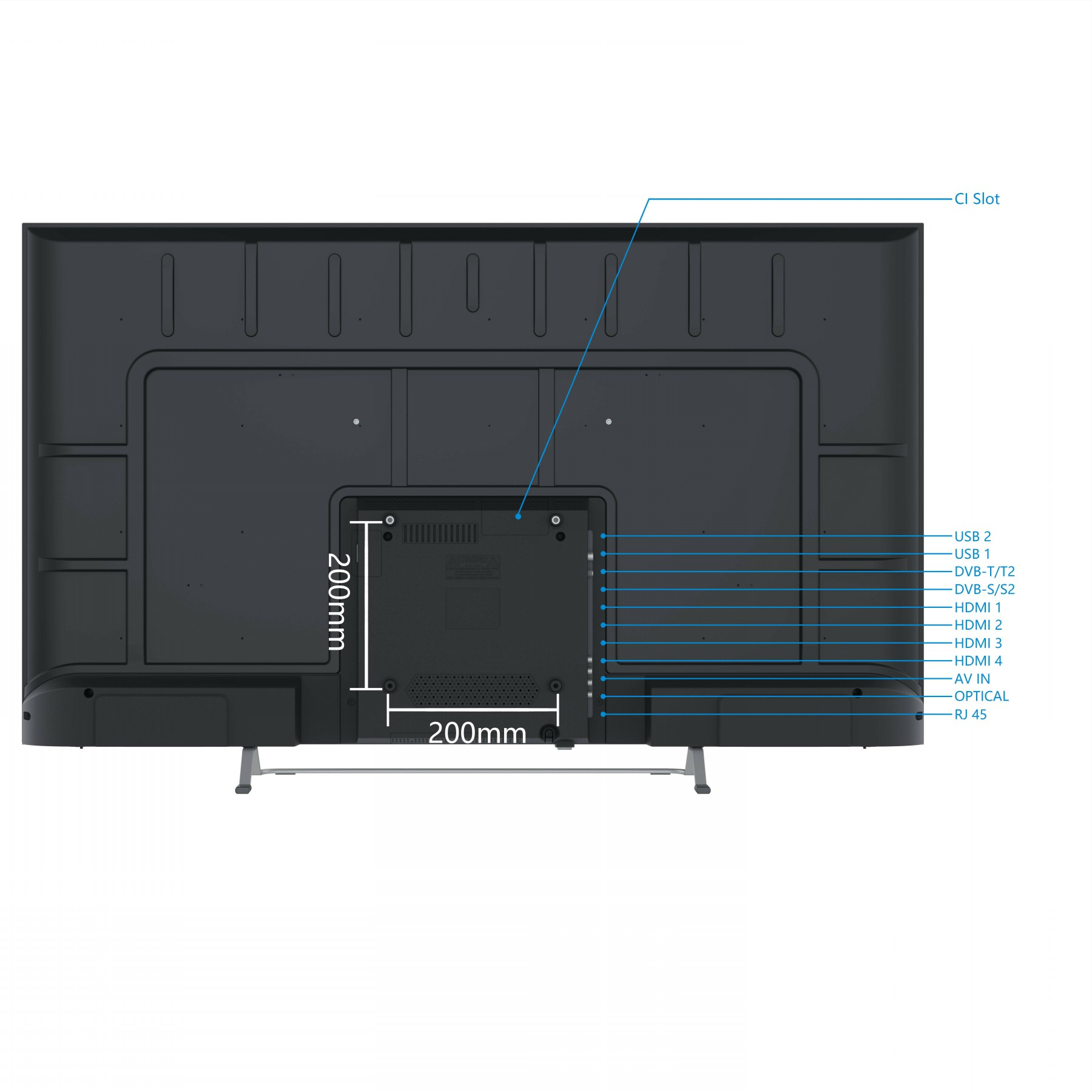 Widok z tyłu czarnego telewizora z portami i wymiarami z tyłu.