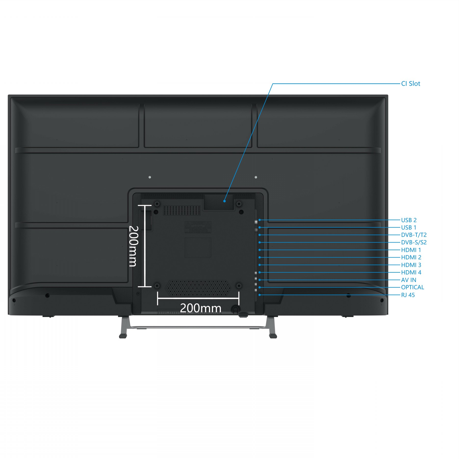 Widok z tyłu czarnego telewizora z etykietami. Zawiera USB, HDMI i wymiary montażowe.