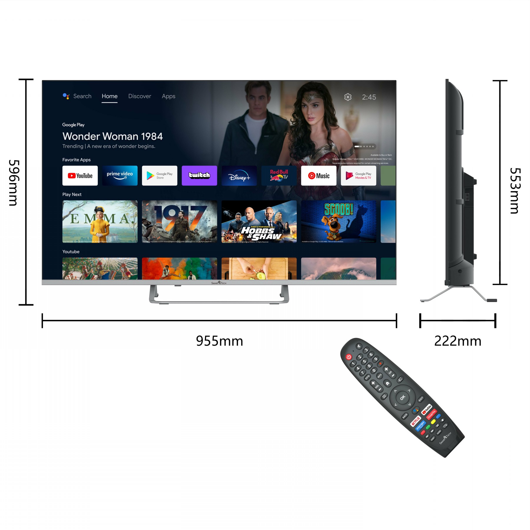 Telewizor wyświetla film, z wymiarami i pilotem.