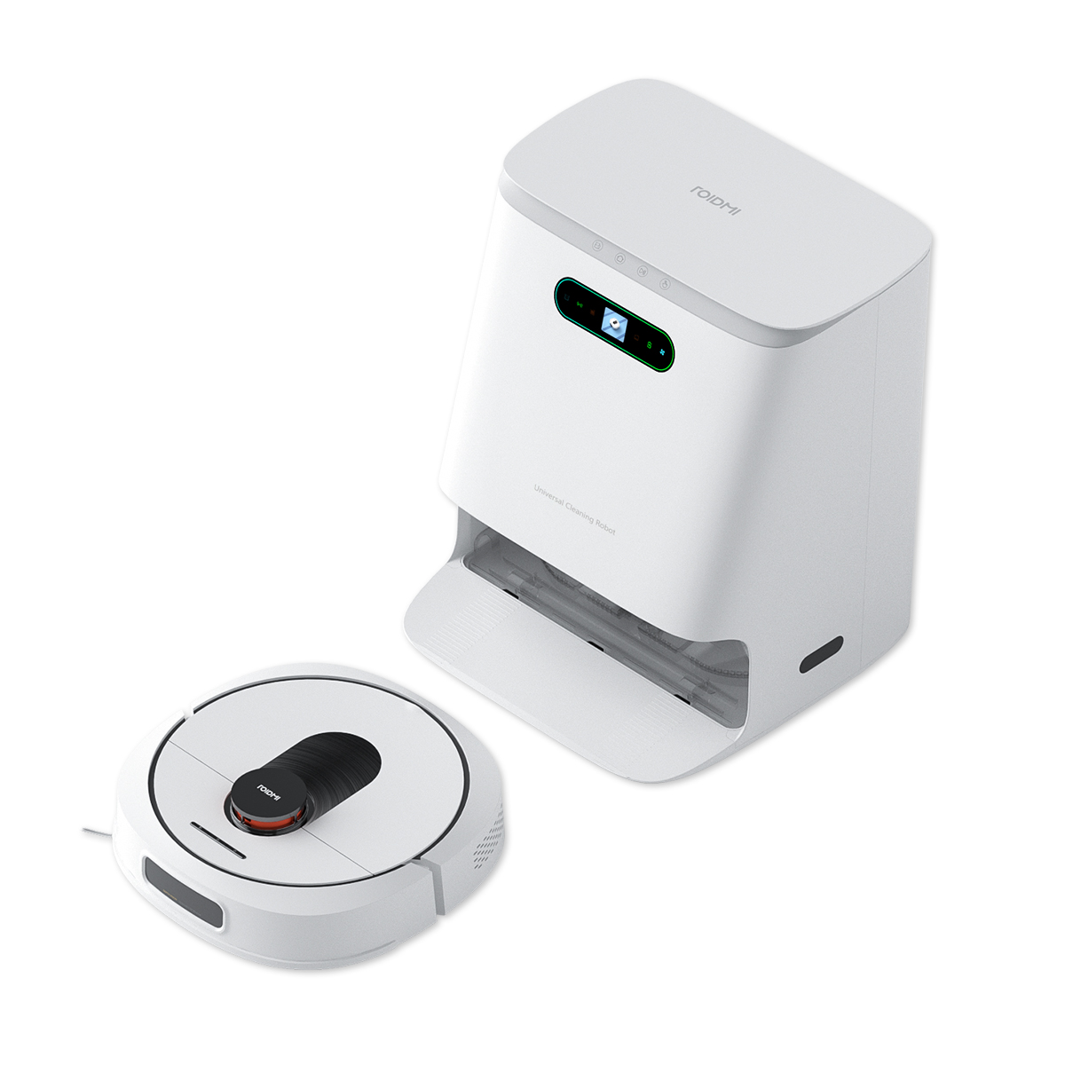 Ein weißer Reinigungsroboter und eine weiße Ladestation auf weißem Untergrund.