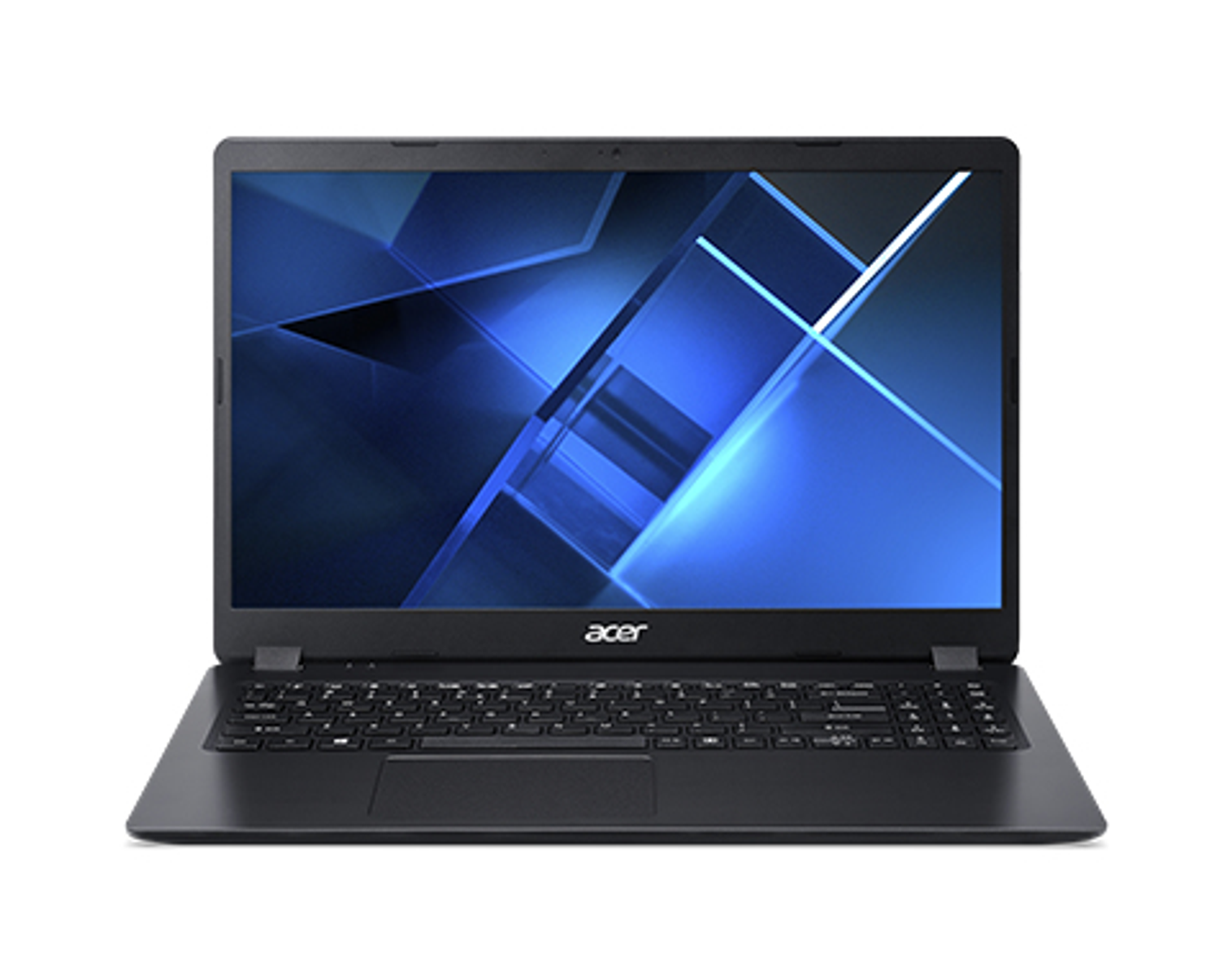 Portátil Acer negro con pantalla con patrón azul, logo Acer y teclado. Fondo blanco.