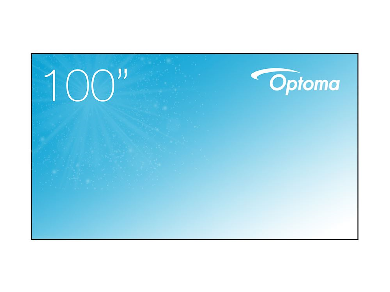 Una pantalla rectangular blanca con el texto '100"' y el logo de Optoma sobre un fondo azul degradado.