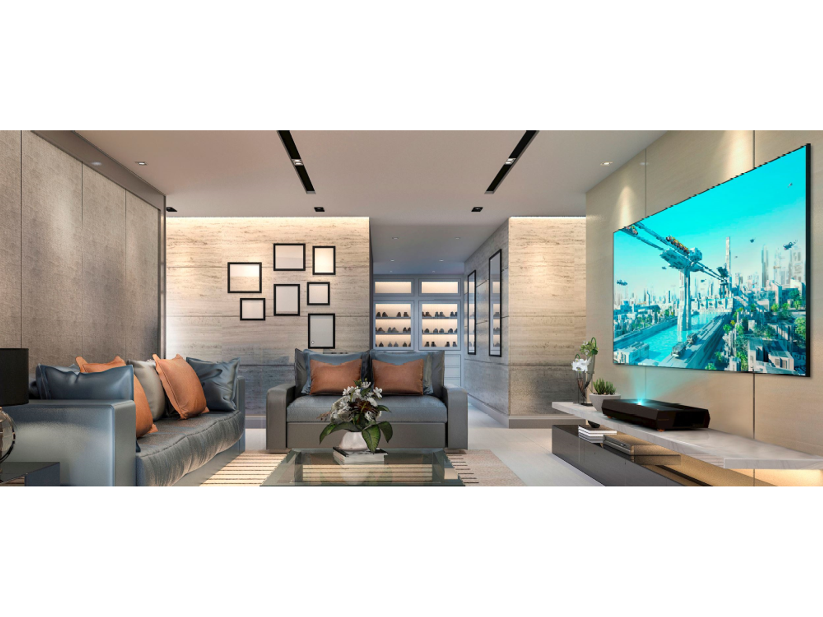 Sala de estar con TV grande, sofá y decoración. Vista de la ciudad en la pantalla.