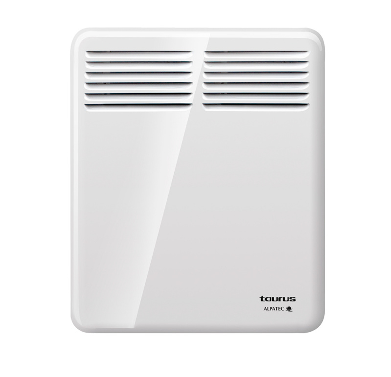 Un termoventilatore a parete bianco con marchio Taurus. Ha una forma rettangolare e feritoie orizzontali.