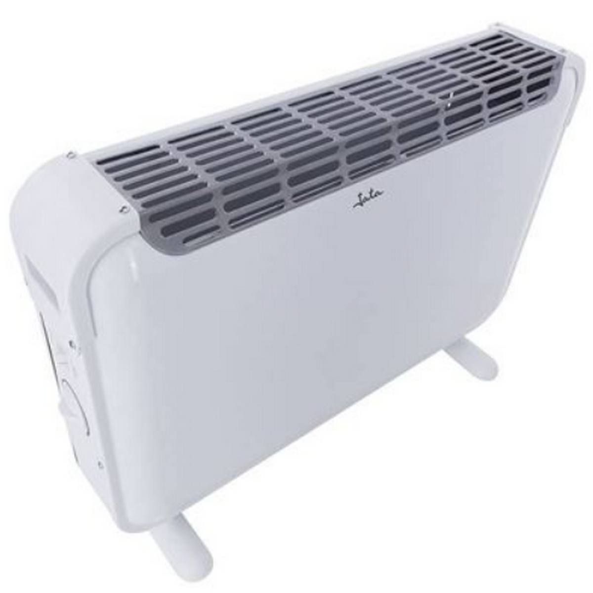 Calentador eléctrico blanco con parte superior y patas grises. Frente con ventilación.