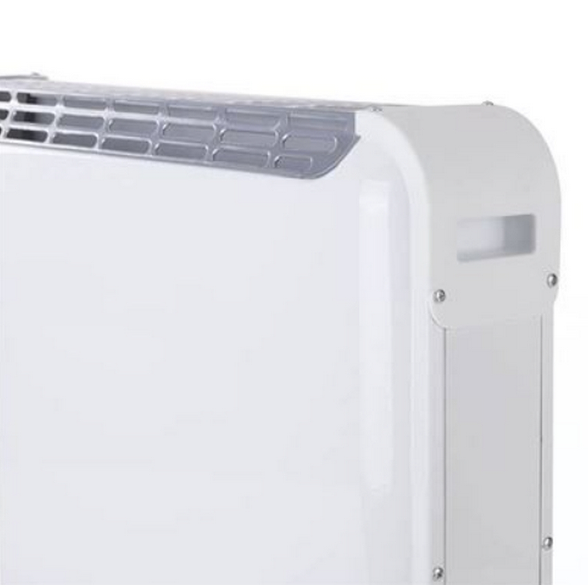 Calentador eléctrico blanco con ventilación superior y asa derecha.