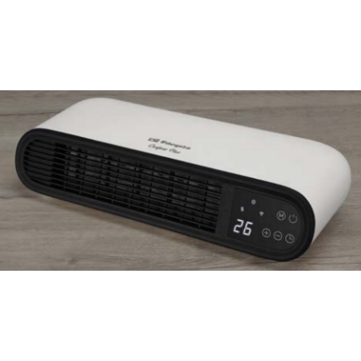 Biało-czarny grzejnik elektryczny z cyfrowym wyświetlaczem temperatury.