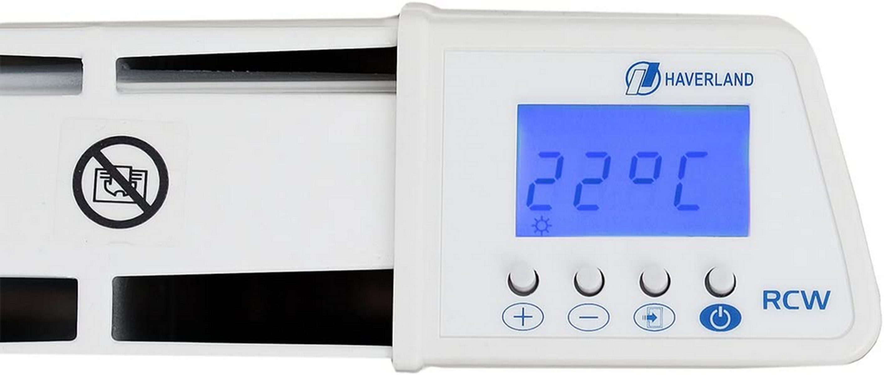 Calentador Haverland blanco con pantalla digital, 22°C y botones de control.