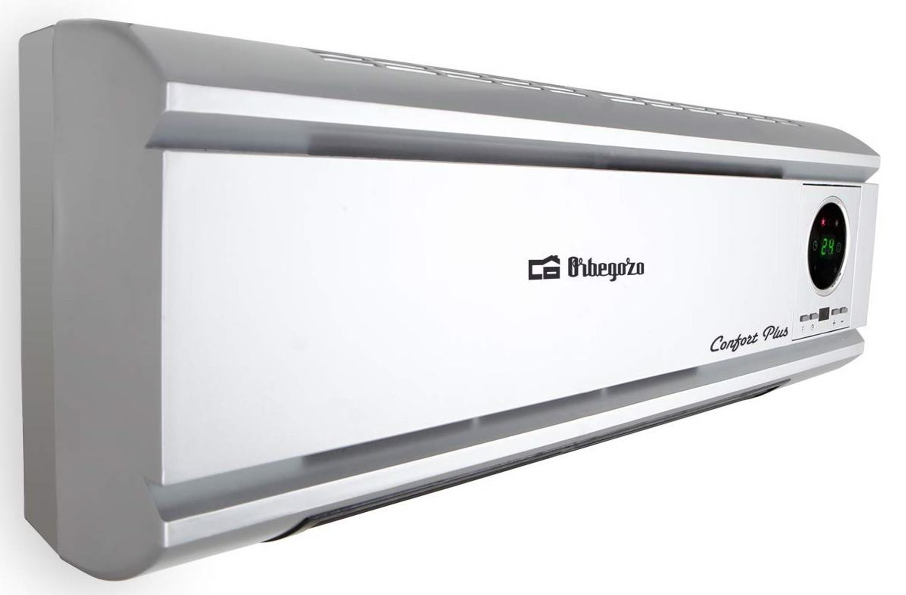 Srebrny klimatyzator na białej ścianie. Logo marki z przodu, z wyświetlaczem.