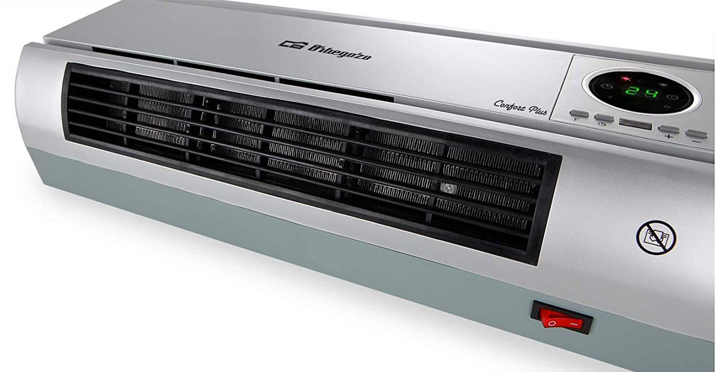 Srebrno-szary grzejnik elektryczny z czerwonym przyciskiem zasilania.