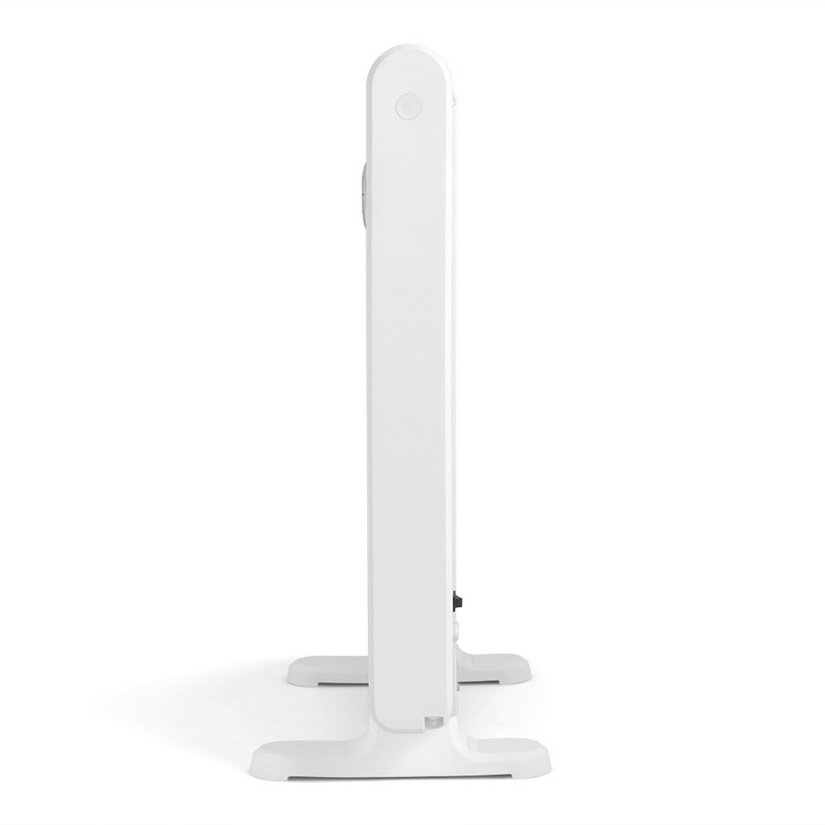 Biały grzejnik elektryczny, widok z boku. Ma prosty design z zaokrągloną górą.