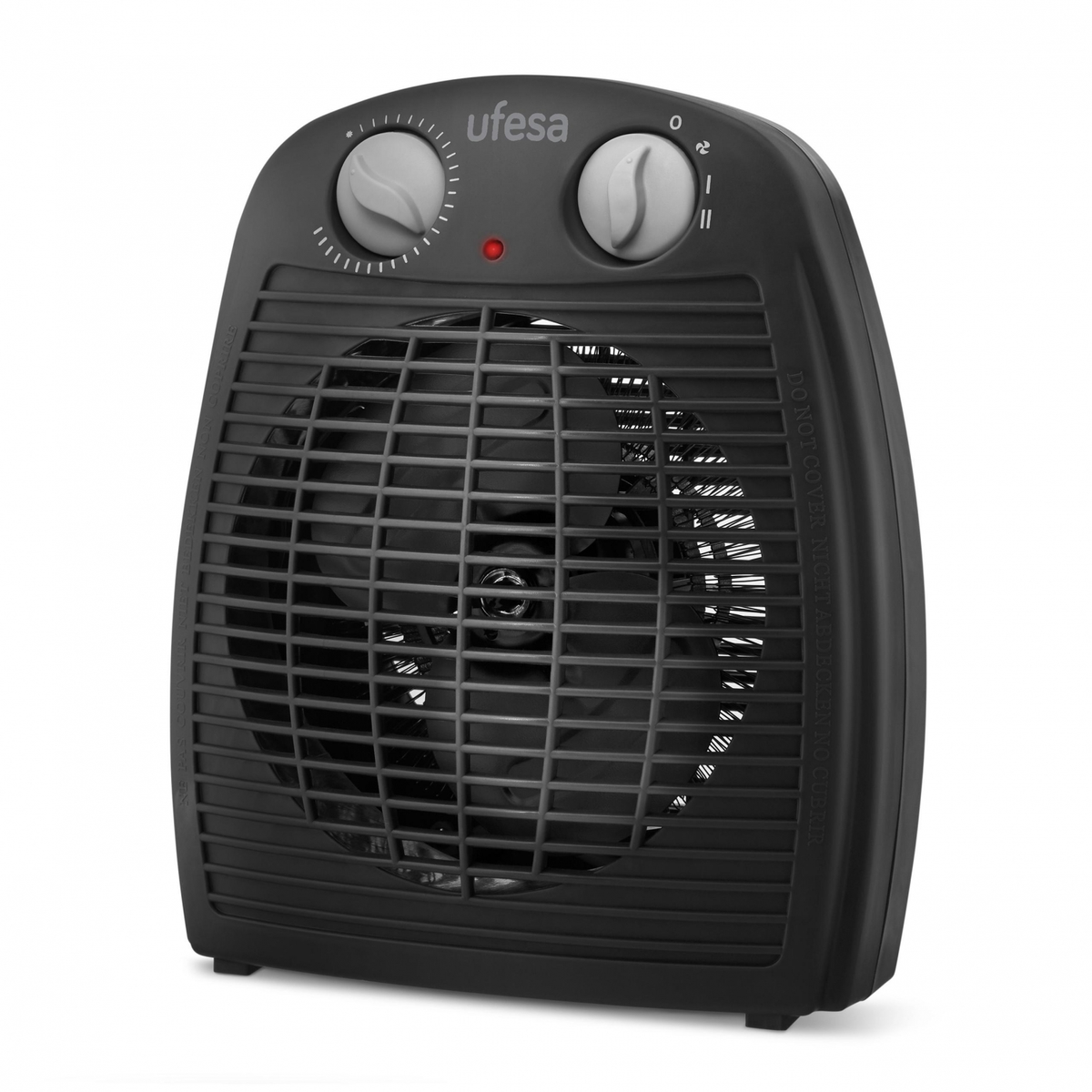 Czarny grzejnik wentylatorowy Ufesa. Z kratką, pokrętłami i czerwonym wskaźnikiem.