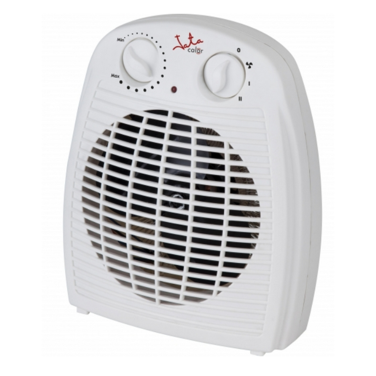 Biały elektryczny grzejnik wentylatorowy z dwoma pokrętłami i kratką, na białym tle.