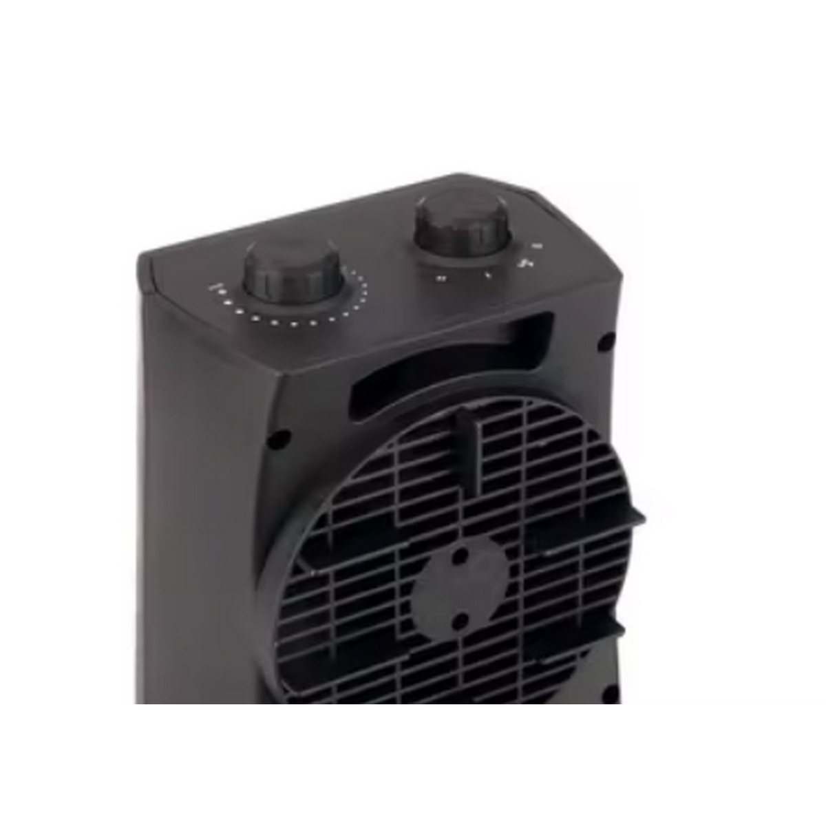 Czarny grzejnik elektryczny z dwoma pokrętłami. Przód ma kratkę.