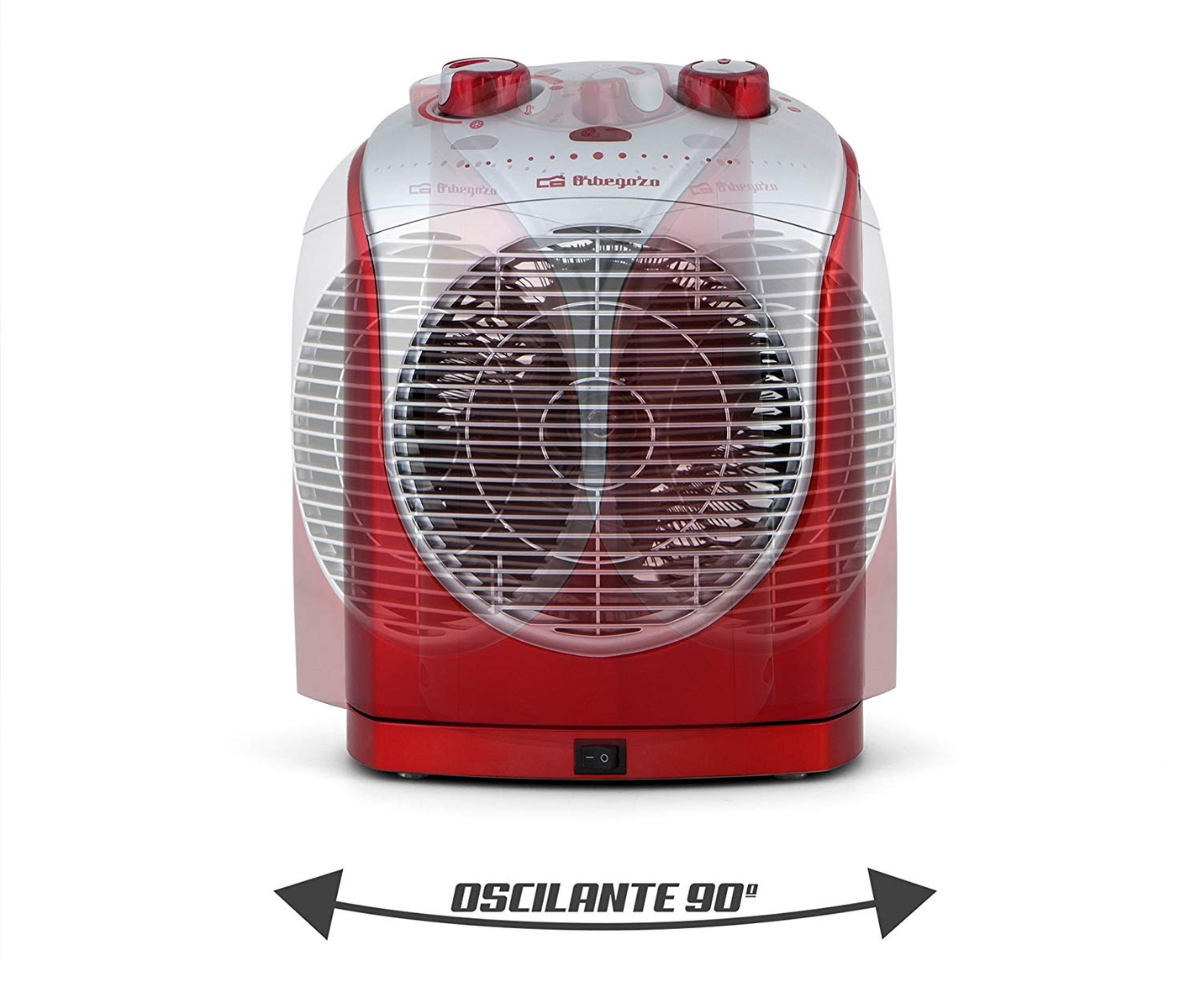 Czerwono-biały wentylator oscylacyjny. Strzałki i tekst 'OSCILANTE 90°' u dołu obrazu.