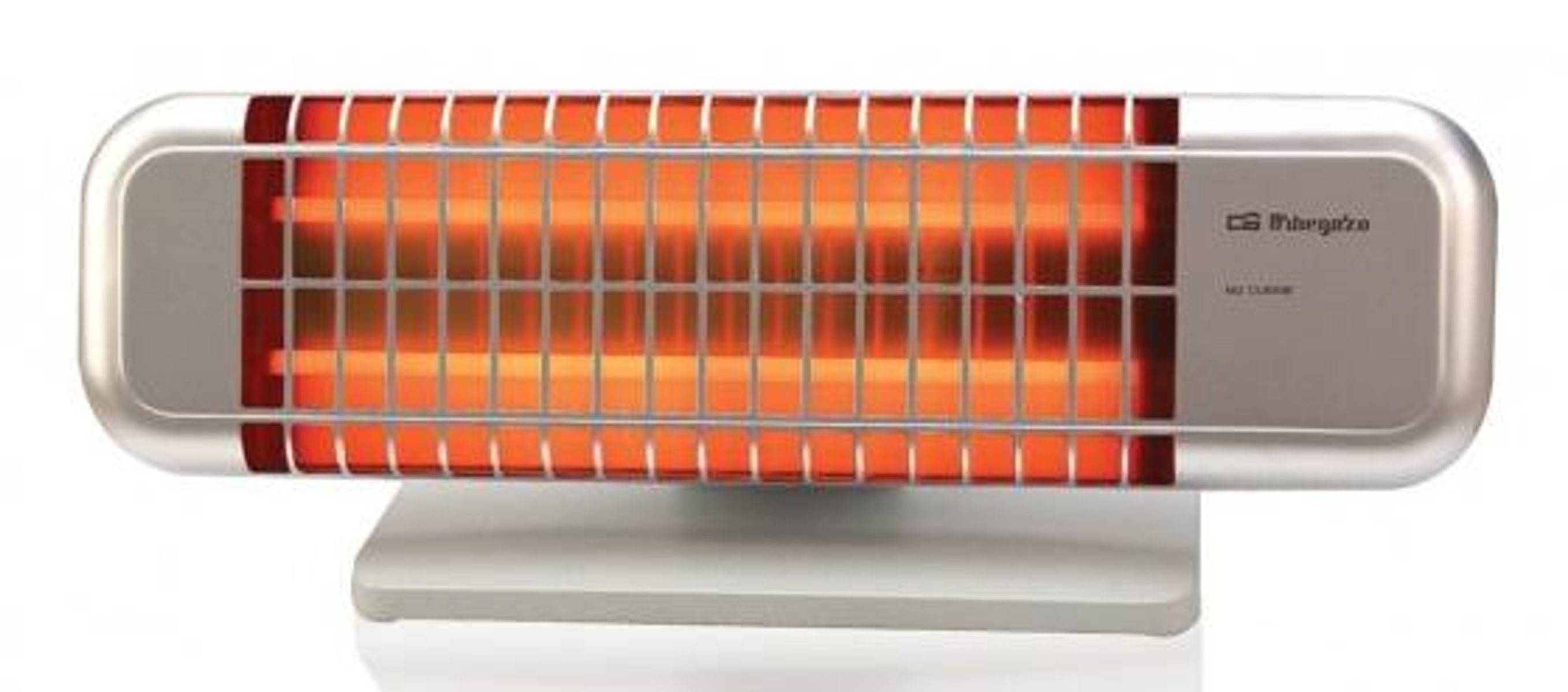 Srebrny grzejnik elektryczny z czerwonymi, świecącymi elementami. Ma prostokątny kształt i białą podstawę.