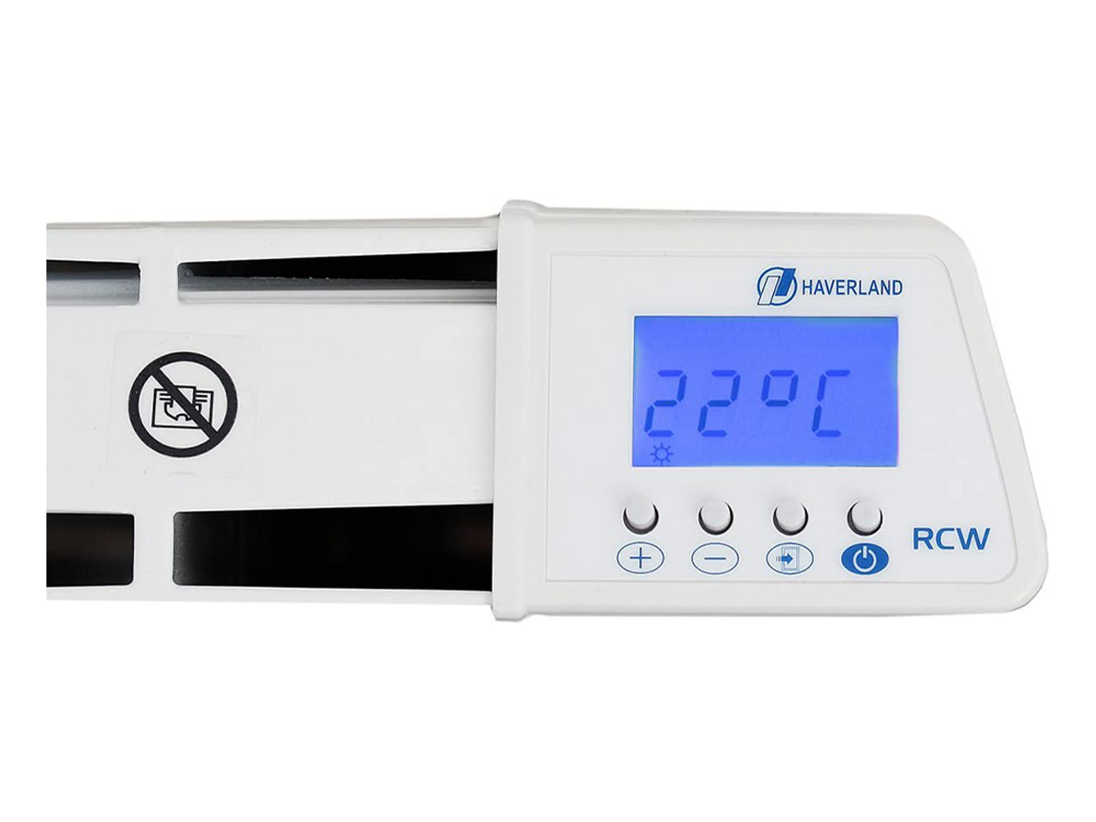 Calentador RCW Haverland blanco con pantalla digital azul que muestra 22°C.