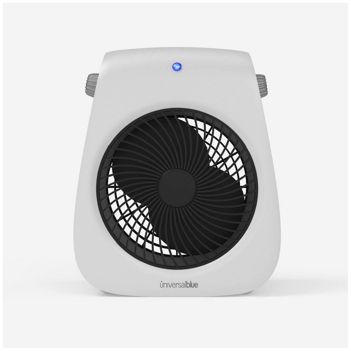 Ventilador blanco con rejilla negra. Luz azul arriba. Fondo blanco.