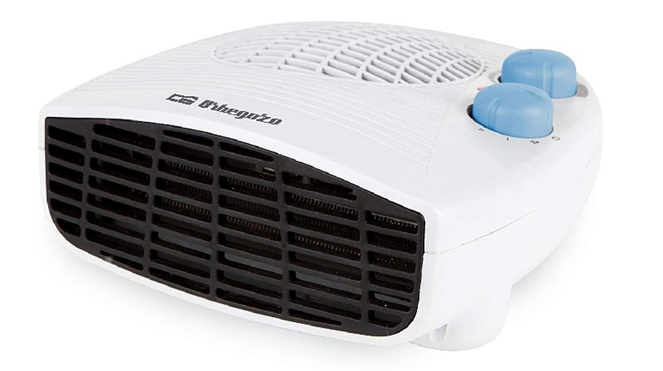 Calentador blanco con dos perillas azules y frente de malla. Aspas del ventilador blancas visibles.