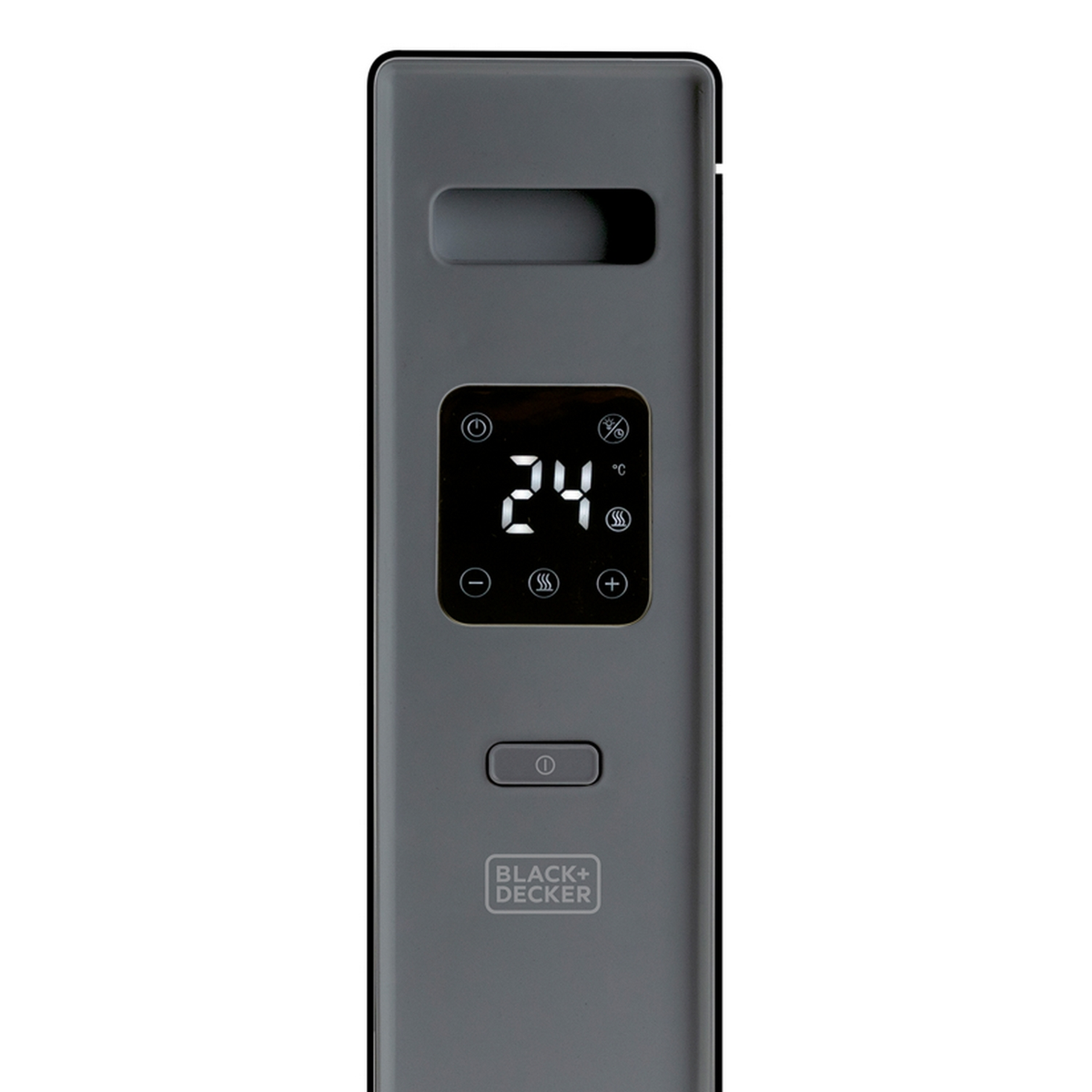 Szary pilot Black+Decker. Wyświetlacz cyfrowy pokazuje 24 stopnie Celsjusza.