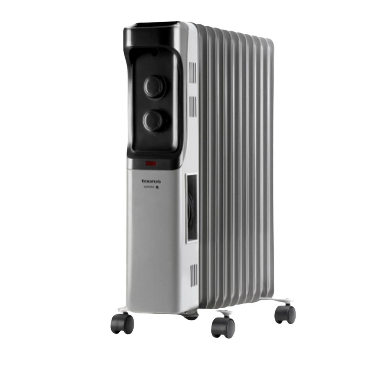 Szary grzejnik elektryczny z czarnym blatem. Posiada wiele żeber i stoi na kółkach.