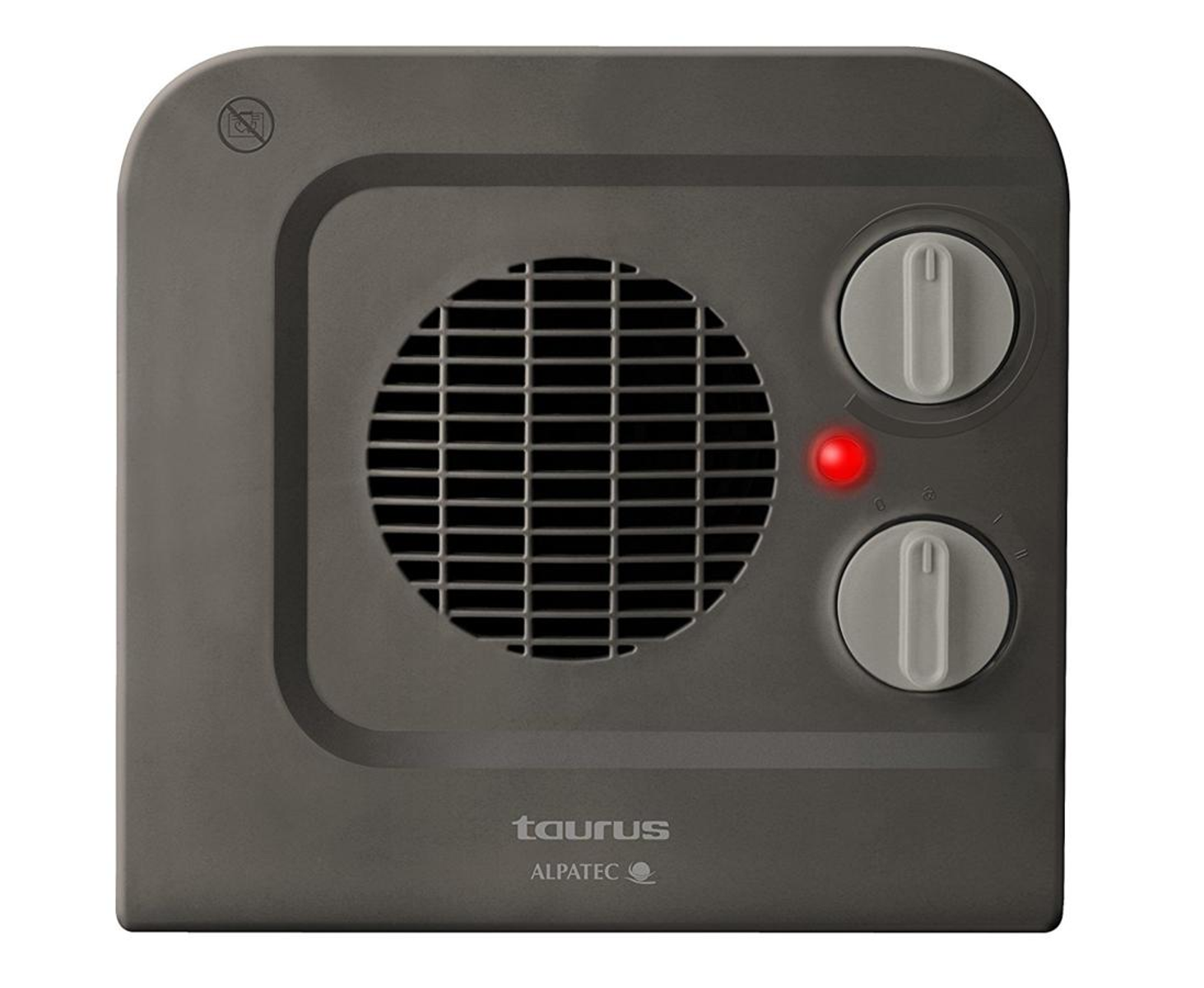 Ciemnoszary, kwadratowy grzejnik z dwoma pokrętłami i czerwoną lampką. Widoczna marka.