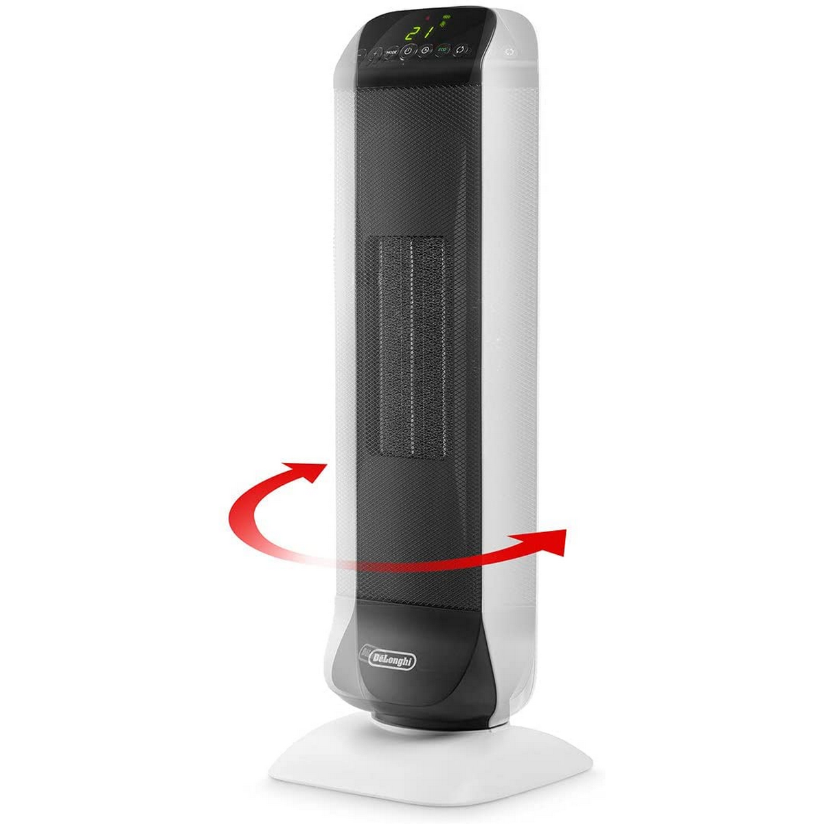 Biało-czarny grzejnik wieżowy z wyświetlaczem cyfrowym i strzałkami wskazującymi obrót.