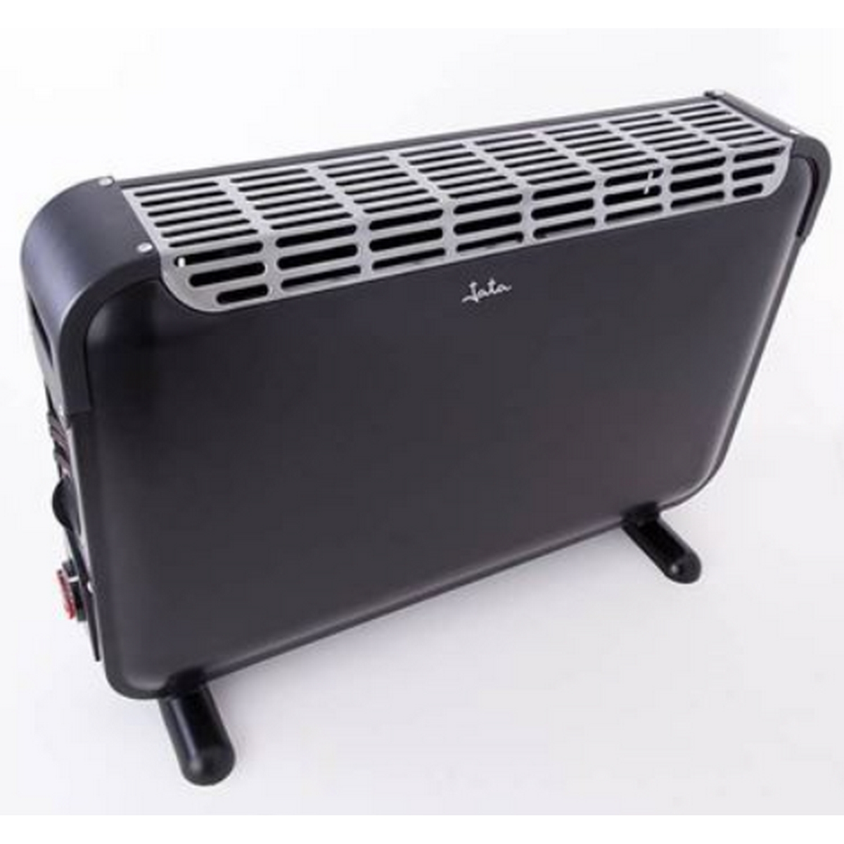 Calentador eléctrico negro con rejilla metálica en la parte superior y patas negras, sobre superficie blanca.